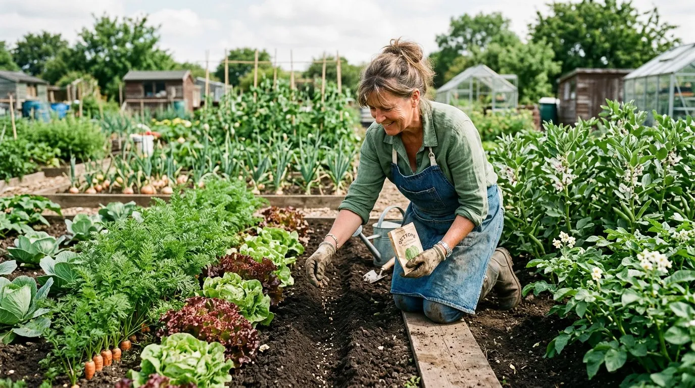 Gardener sowing lettuce seeds between established crops on a UK allotment in June