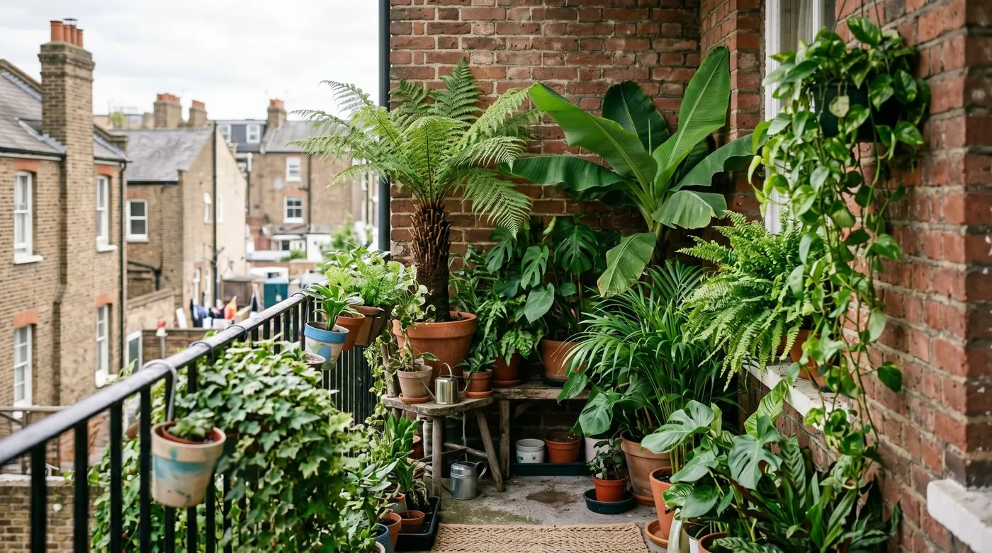 City balcony jungle garden with potted tropical plants and banana leaves against a brick wall