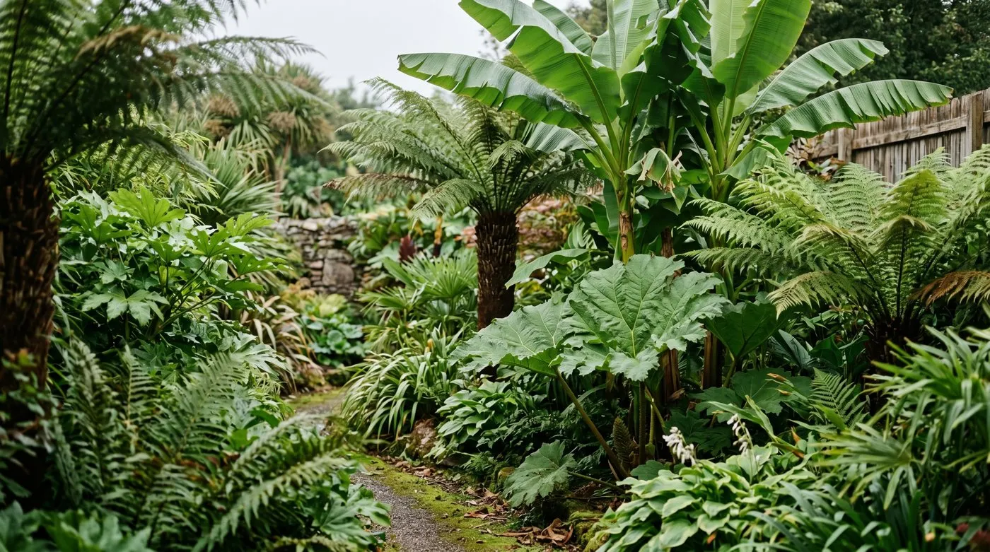 Jungle garden design in a UK garden with layered tropical foliage and a winding path