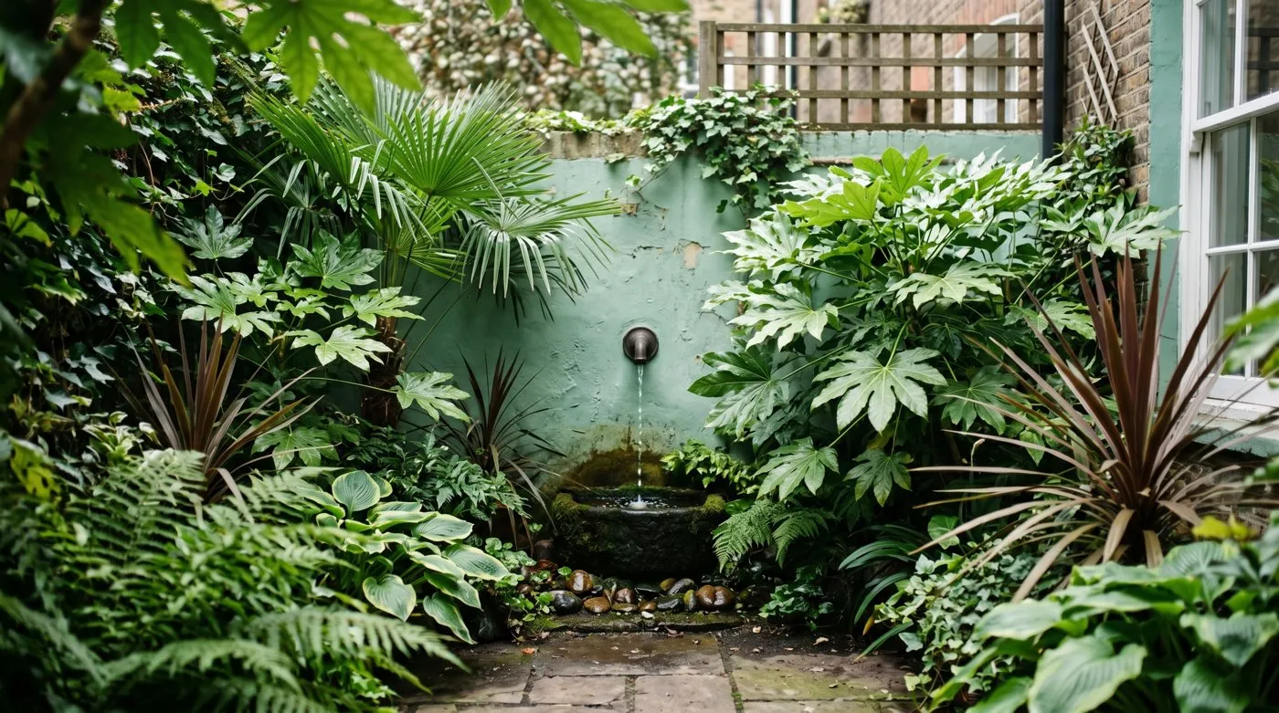 Small UK courtyard garden styled as a tropical retreat with fatsia and palm foliage