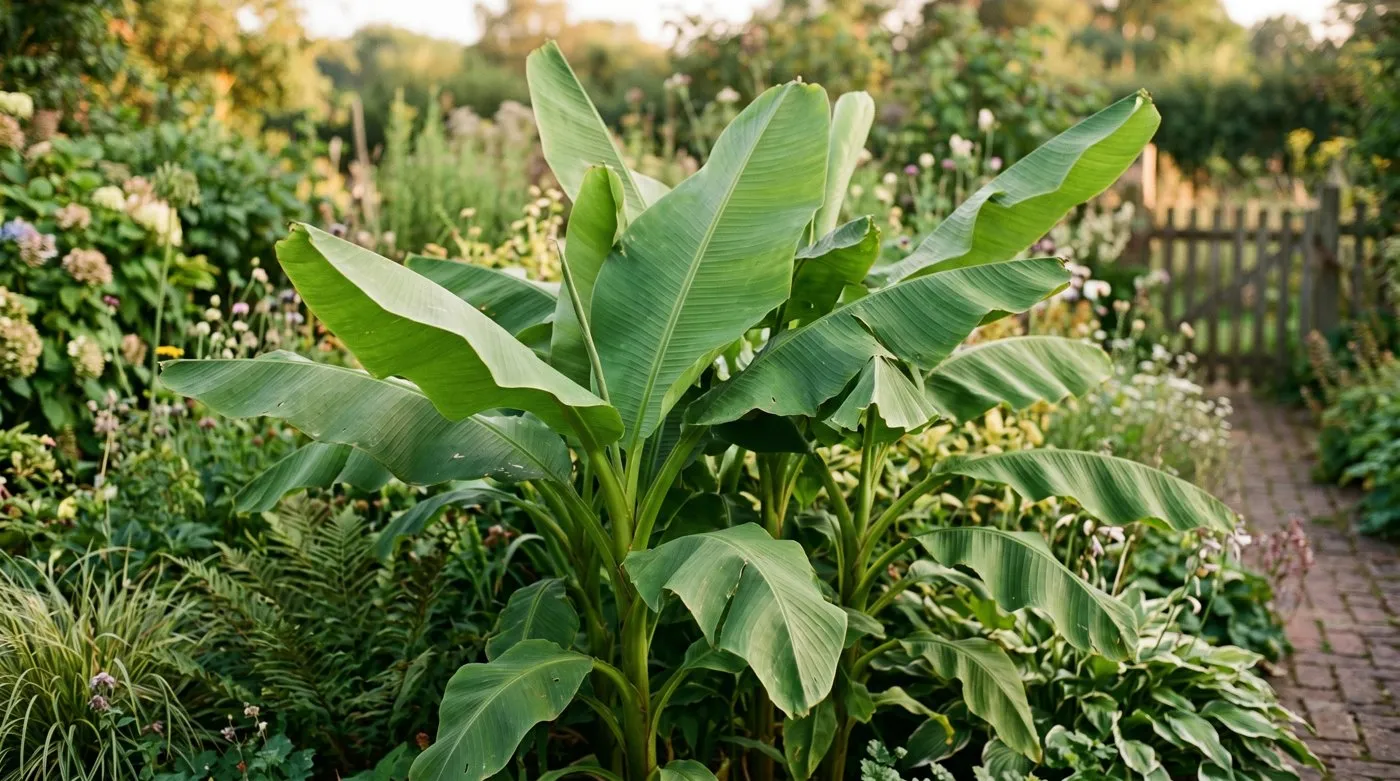 Hardy banana Musa basjoo clump with broad green paddle leaves in a UK jungle garden border