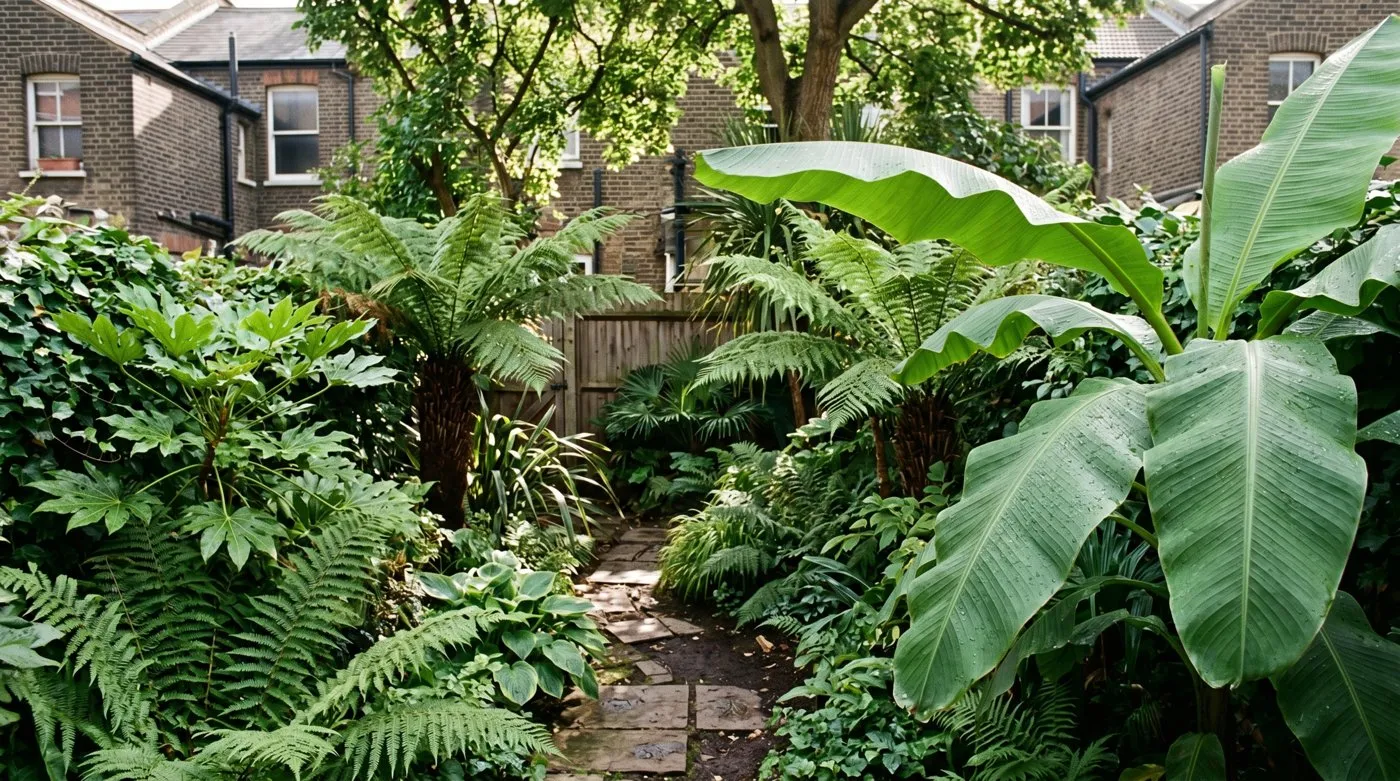 Jungle garden design in a UK terraced plot with hardy banana, tree ferns and dense layered foliage