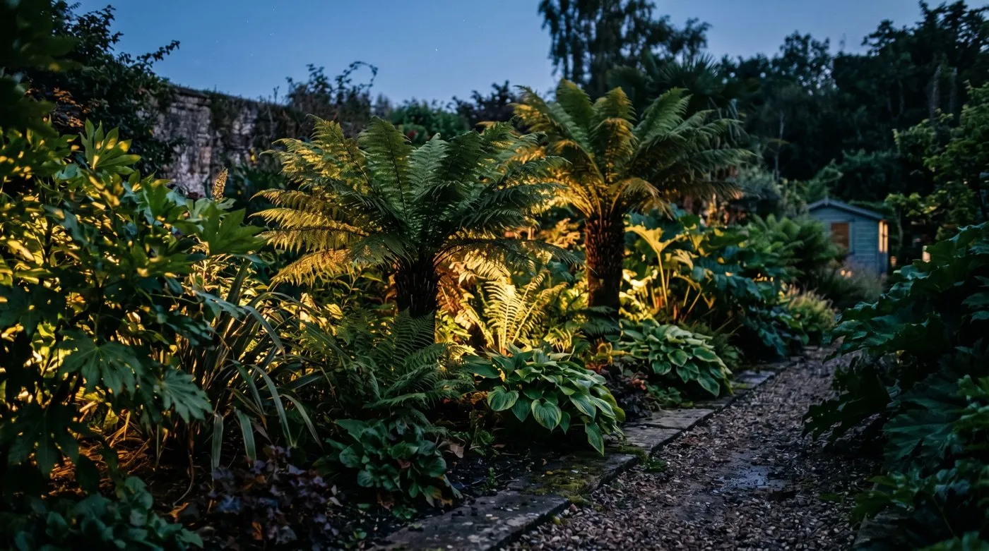 Jungle-style border lit at dusk with uplighting on tree ferns and large foliage in a UK garden