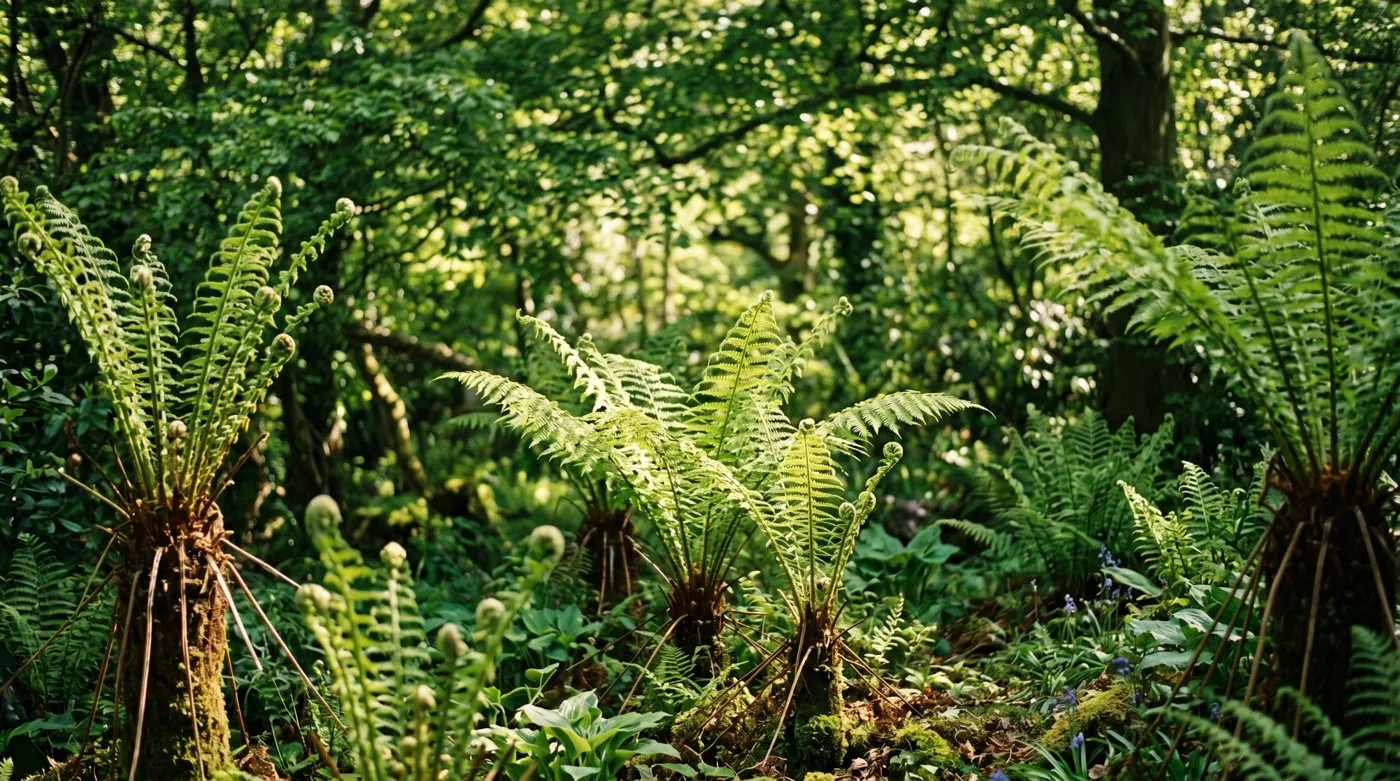Tree ferns growing under a leafy canopy with dappled light in a shady UK jungle garden
