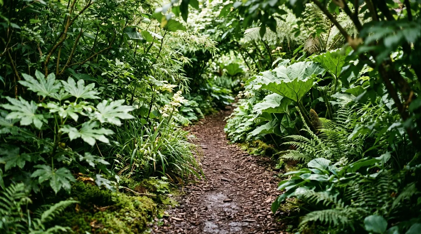 Winding bark path curving through tall big-leaved jungle planting in a UK garden