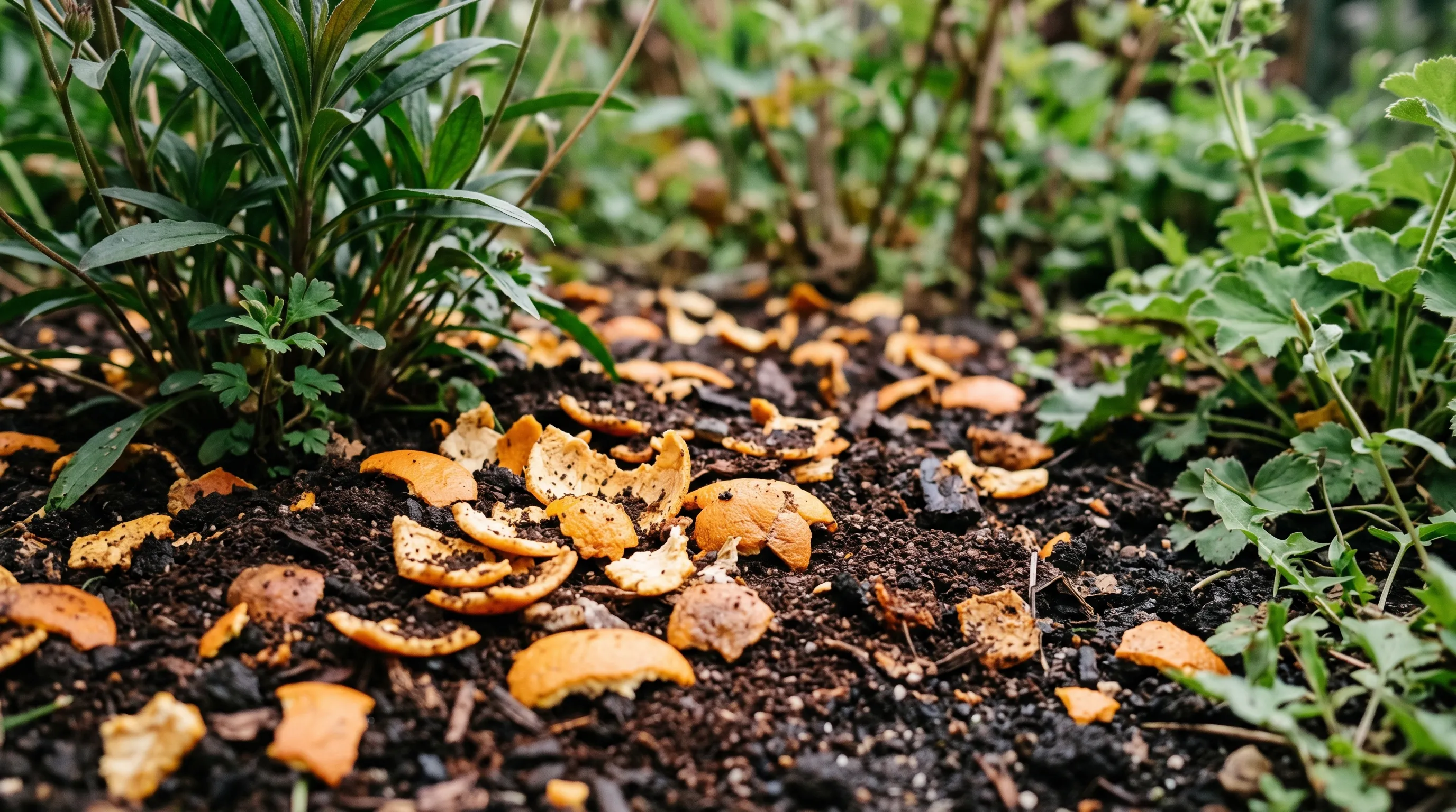 A close-up of a UK flowerbed surface covered with a scattered mix of orange peel pieces and used coffee grounds in a 25mm layer between herbaceous plants