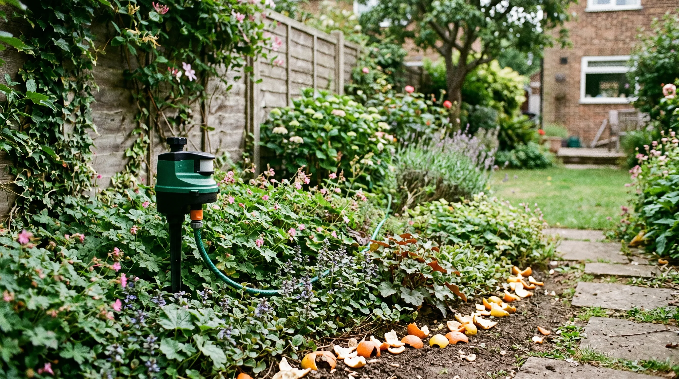 A UK back garden showing a combined cat-deterrent system: a motion-activated water sprayer in the foreground, dense ground-cover planting filling the bed, and citrus peel scattered along the bed margin