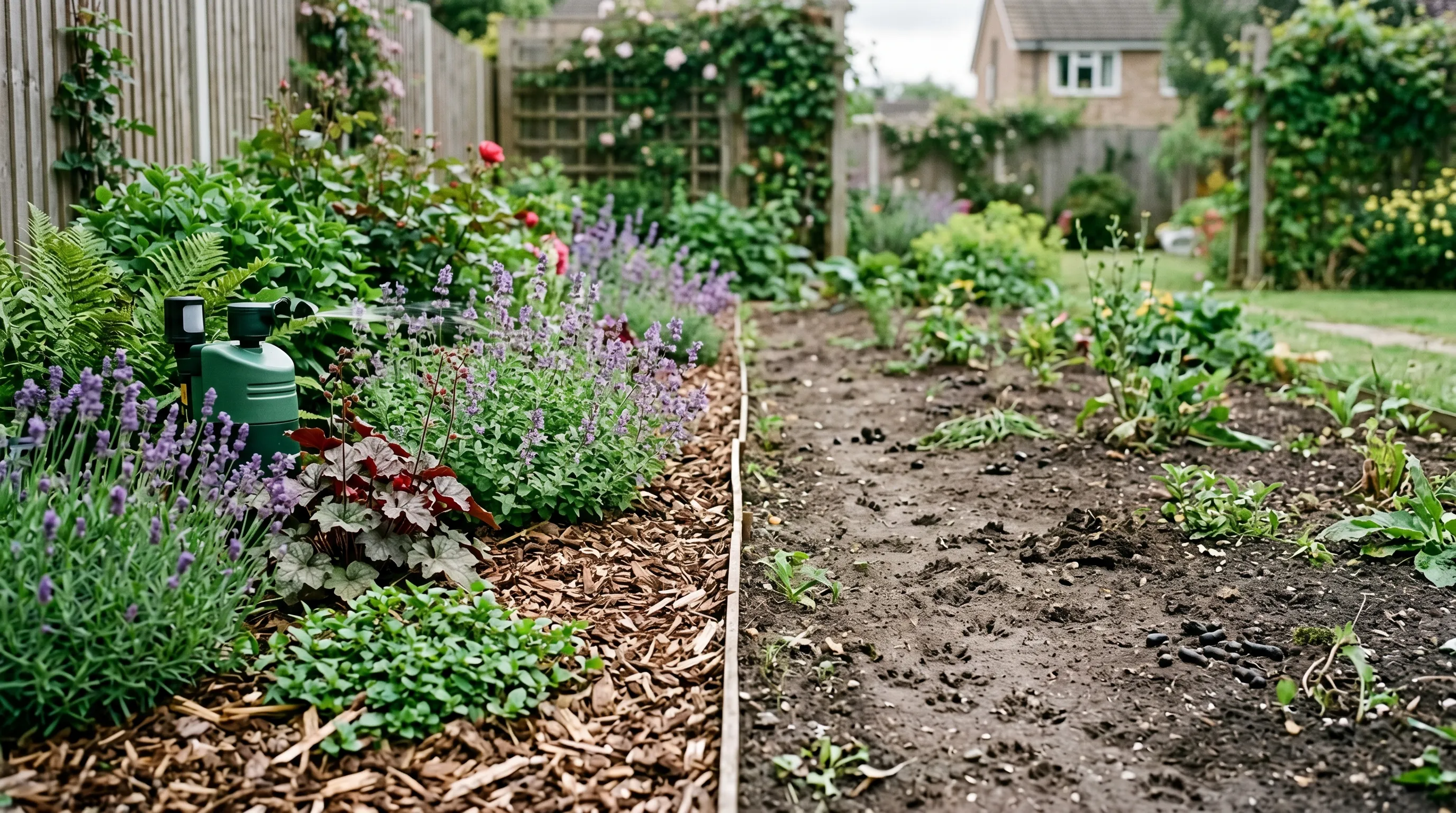 A diagnostic comparison of two parallel UK flowerbeds: the left bed protected with a water sprayer and dense ground cover showing healthy planting and no soil disturbance, the right bed unprotected with visible cat tracks and droppings in the bare soil