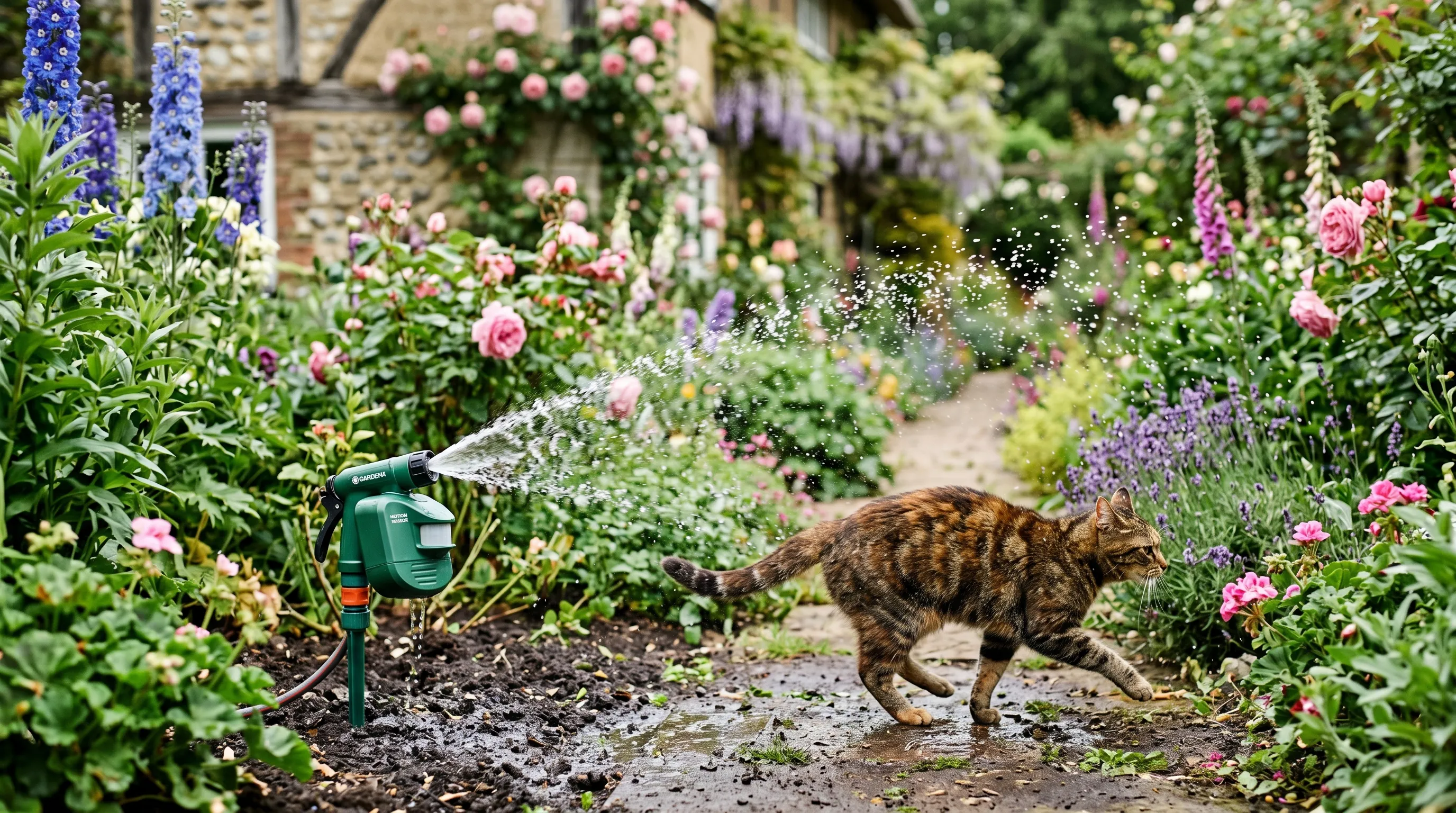 A UK cottage garden flowerbed with a motion-activated water sprayer in the foreground and a tabby cat visibly retreating from the spray
