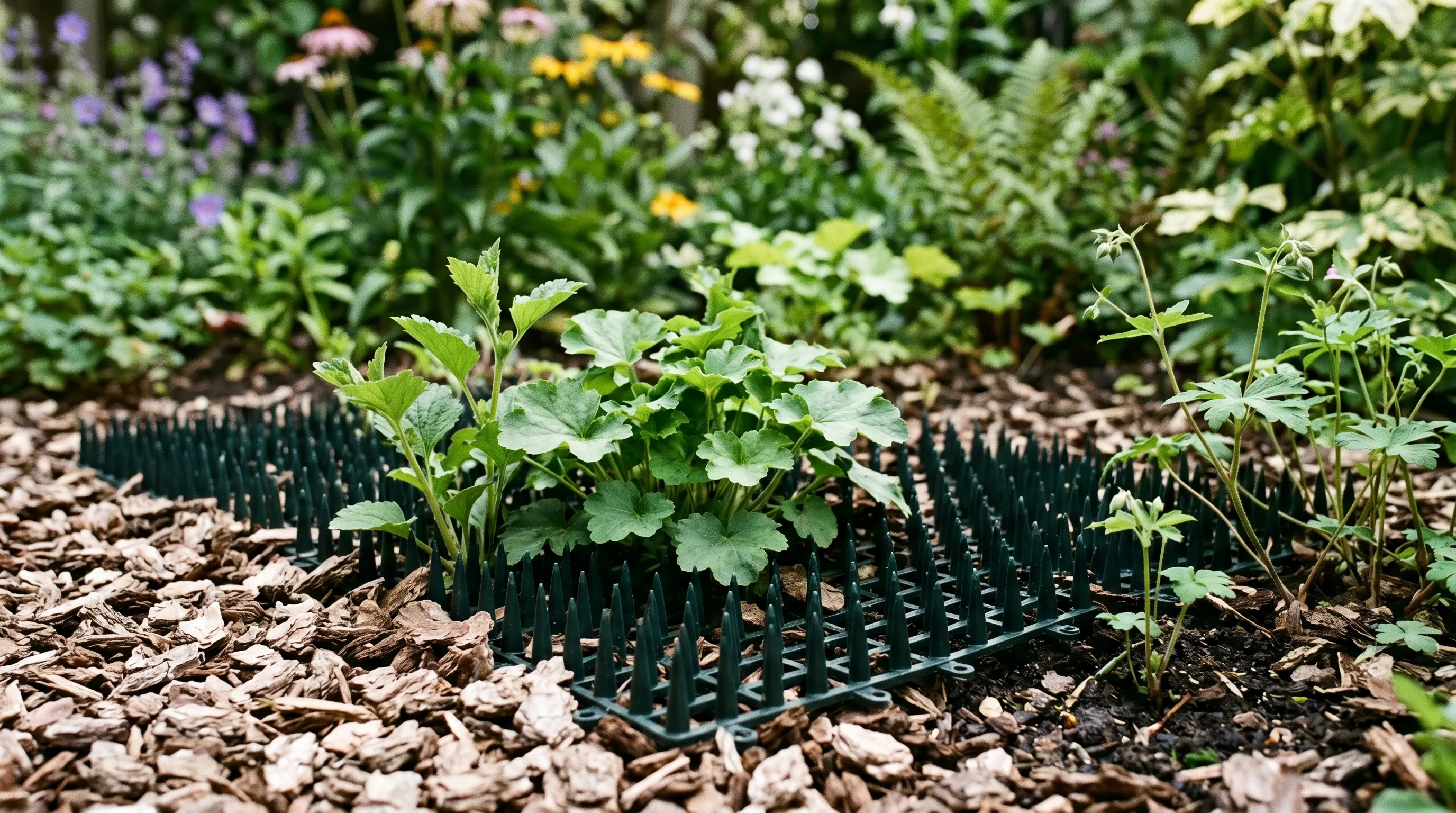 A close-up of a UK flowerbed with cat-deterrent prickle mats partially visible through a light bark mulch covering, with herbaceous plants emerging between the spike mat sections
