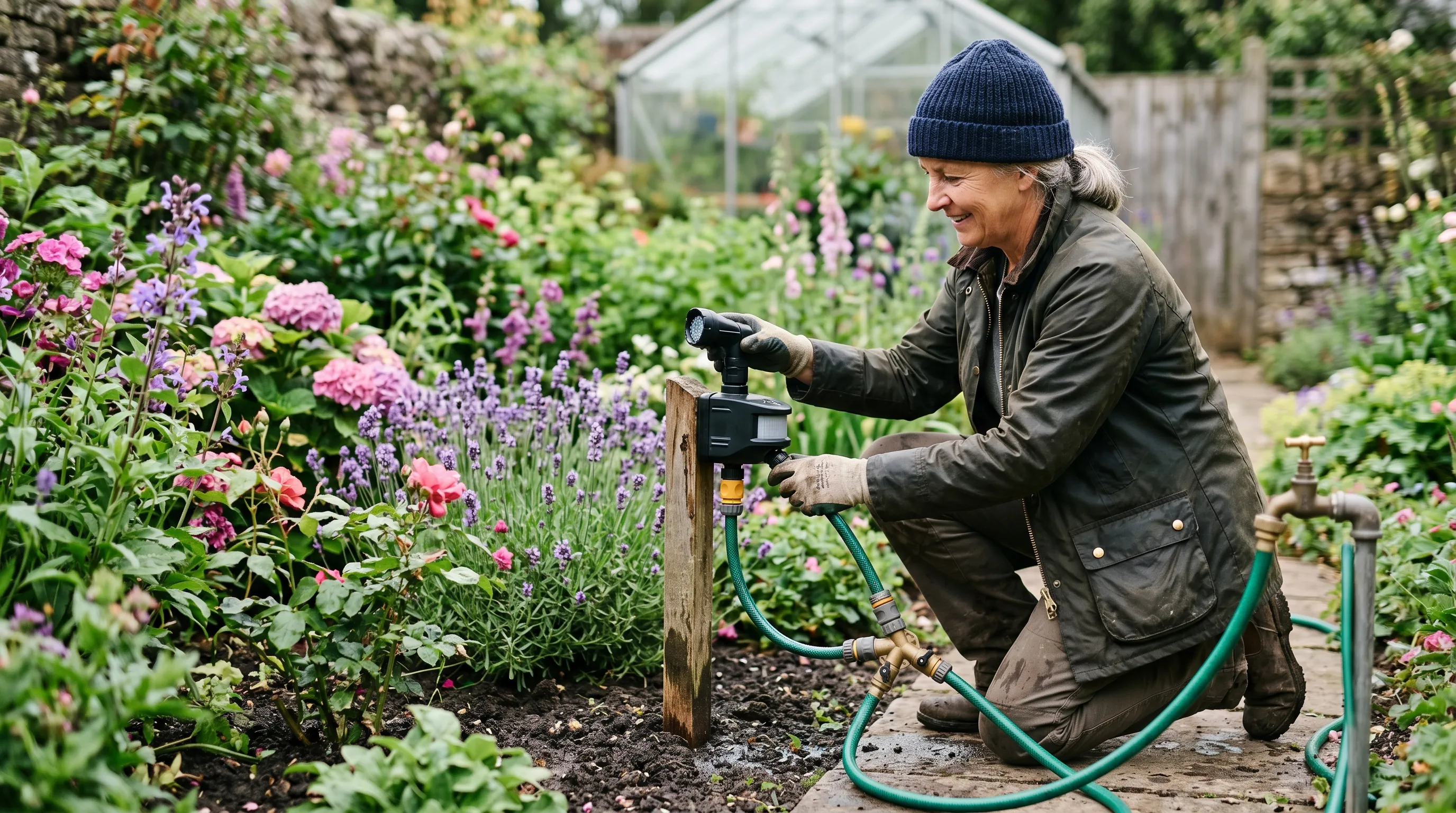 A UK gardener positioning a motion-activated water sprayer near a flowerbed, with the sprayer mounted on a small wooden stake and connected to a garden hose via a Y-splitter