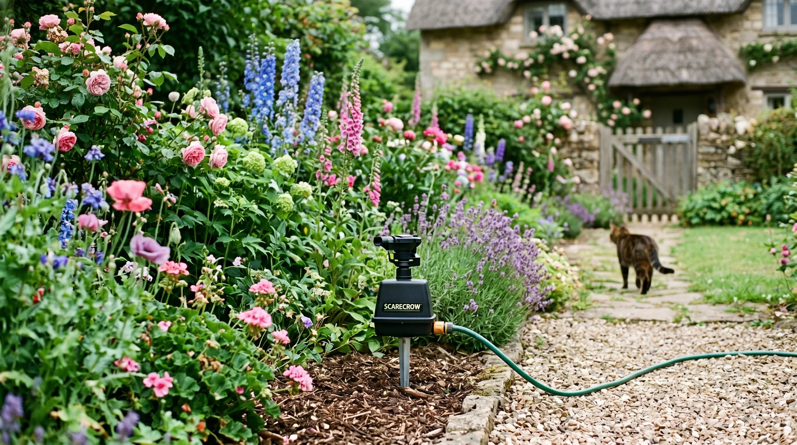 A UK cottage garden flowerbed with a Contech ScareCrow motion-activated water sprayer in position 2m from the bed edge, with a tabby cat visible retreating in the background