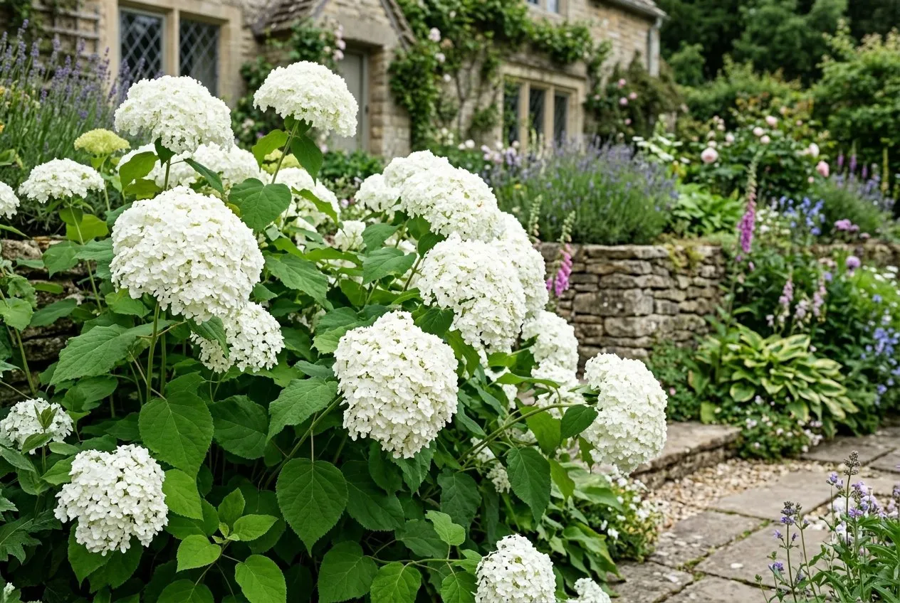 A white Annabelle hydrangea (Hydrangea arborescens) in full bloom in a UK garden border, large rounded white flower heads that cannot turn blue