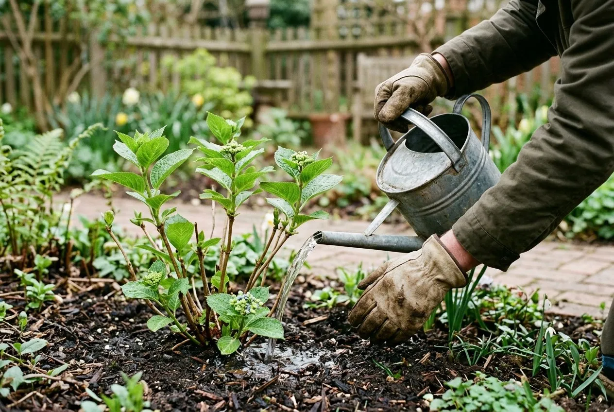 A gardener watering dissolved blue hydrangea colourant from a watering can around the base of a mophead hydrangea in spring