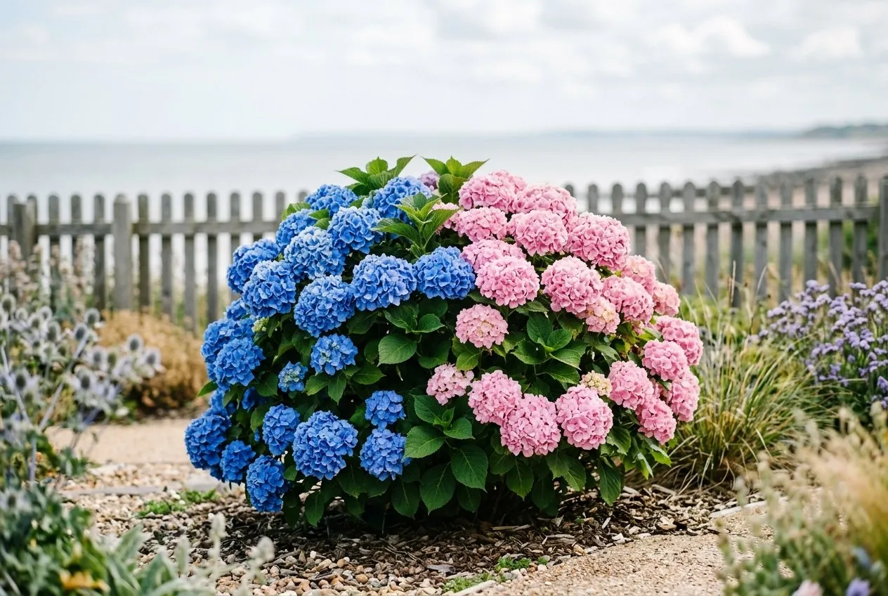 A single mophead hydrangea bush flowering blue on one side and pink on the other in a UK seaside garden