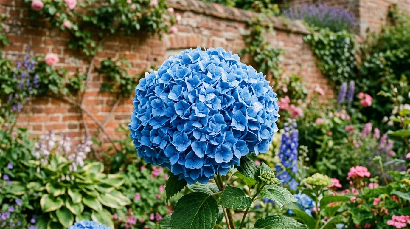 A vivid blue mophead Hydrangea macrophylla in full flower in a UK cottage border in July, deep sky-blue florets filling the frame