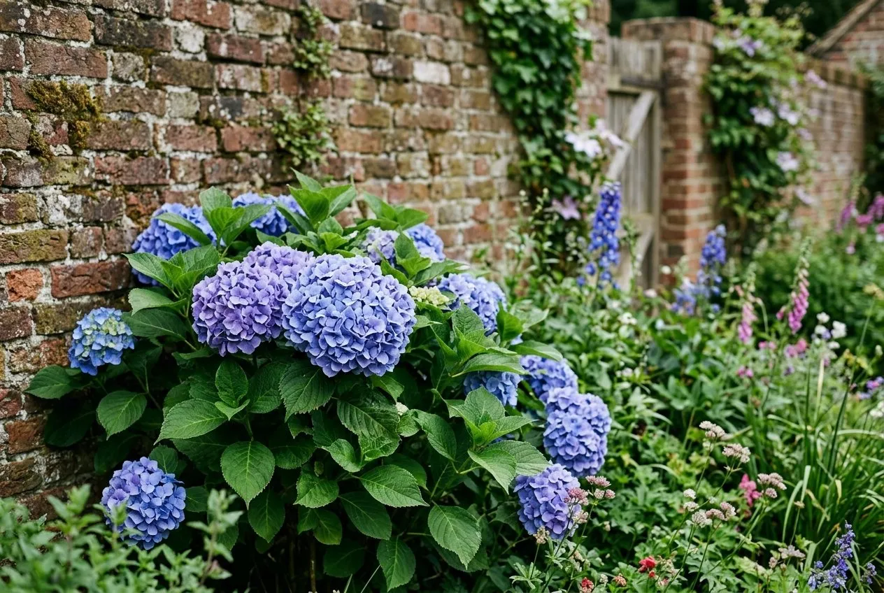 A vivid blue mophead Hydrangea macrophylla growing against a brick wall in a UK cottage garden border, deep blue florets in full July bloom