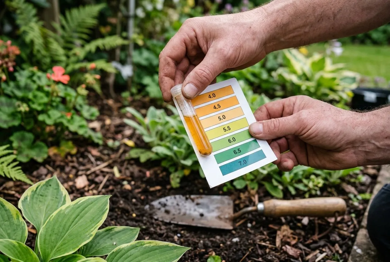 A handheld soil pH test kit in a UK garden showing a red-to-yellow acid result against the colour chart, held over a planting border
