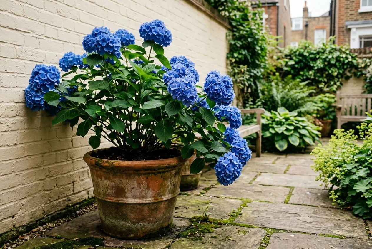 A blue mophead hydrangea growing in a large terracotta pot of ericaceous compost in a UK city courtyard garden