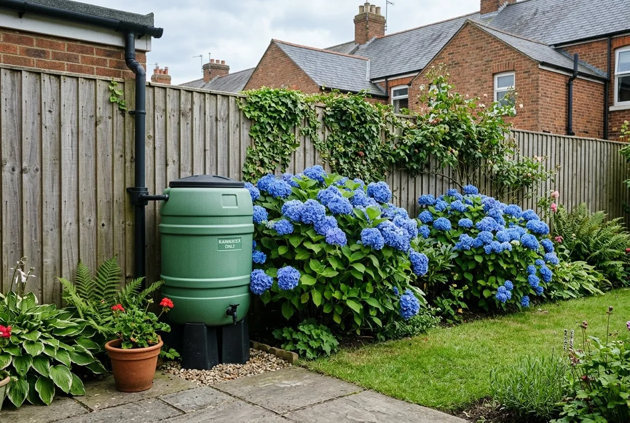 A green water butt beside a row of blue hydrangeas against a fence in a UK terraced back garden