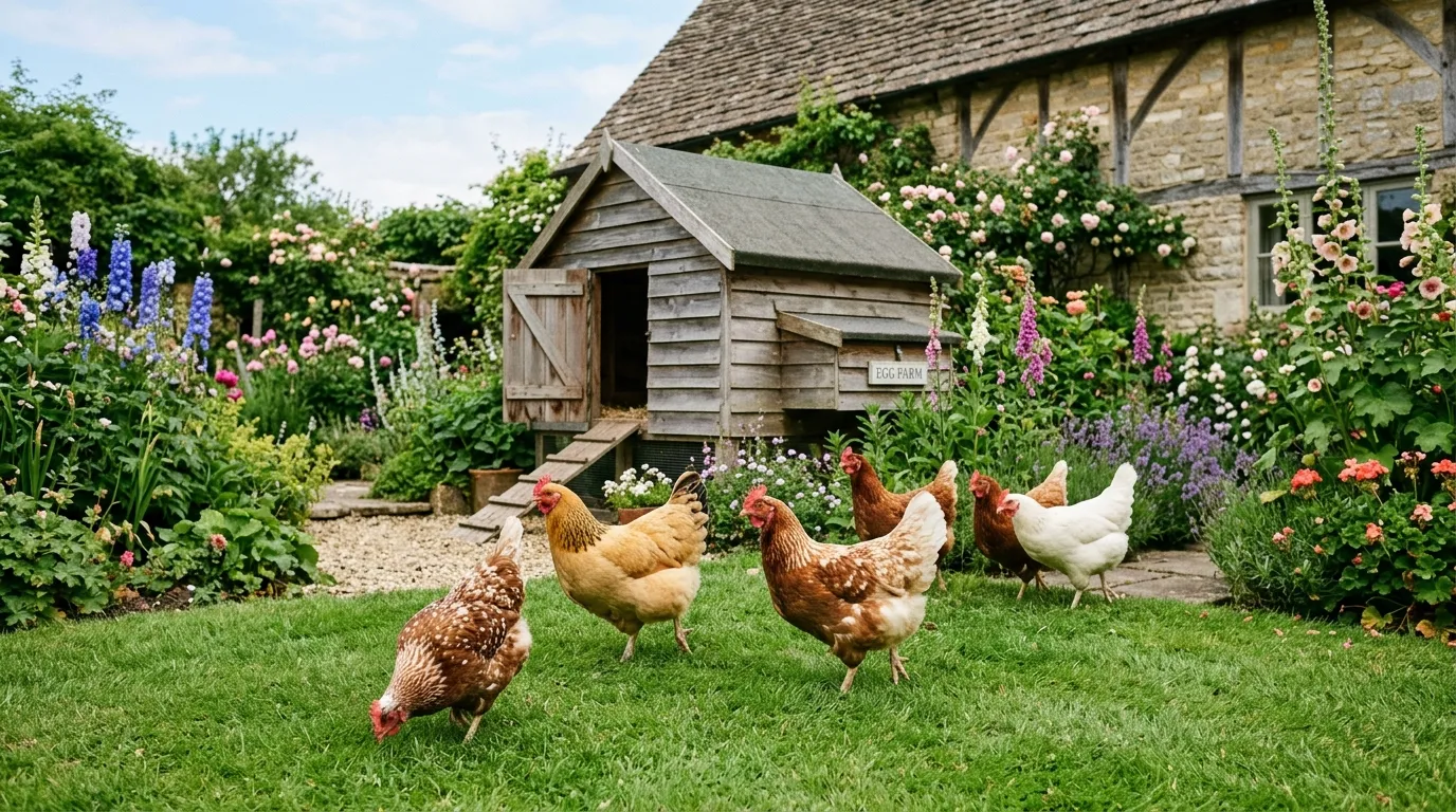 Chickens free ranging in a UK cottage garden with wooden coop