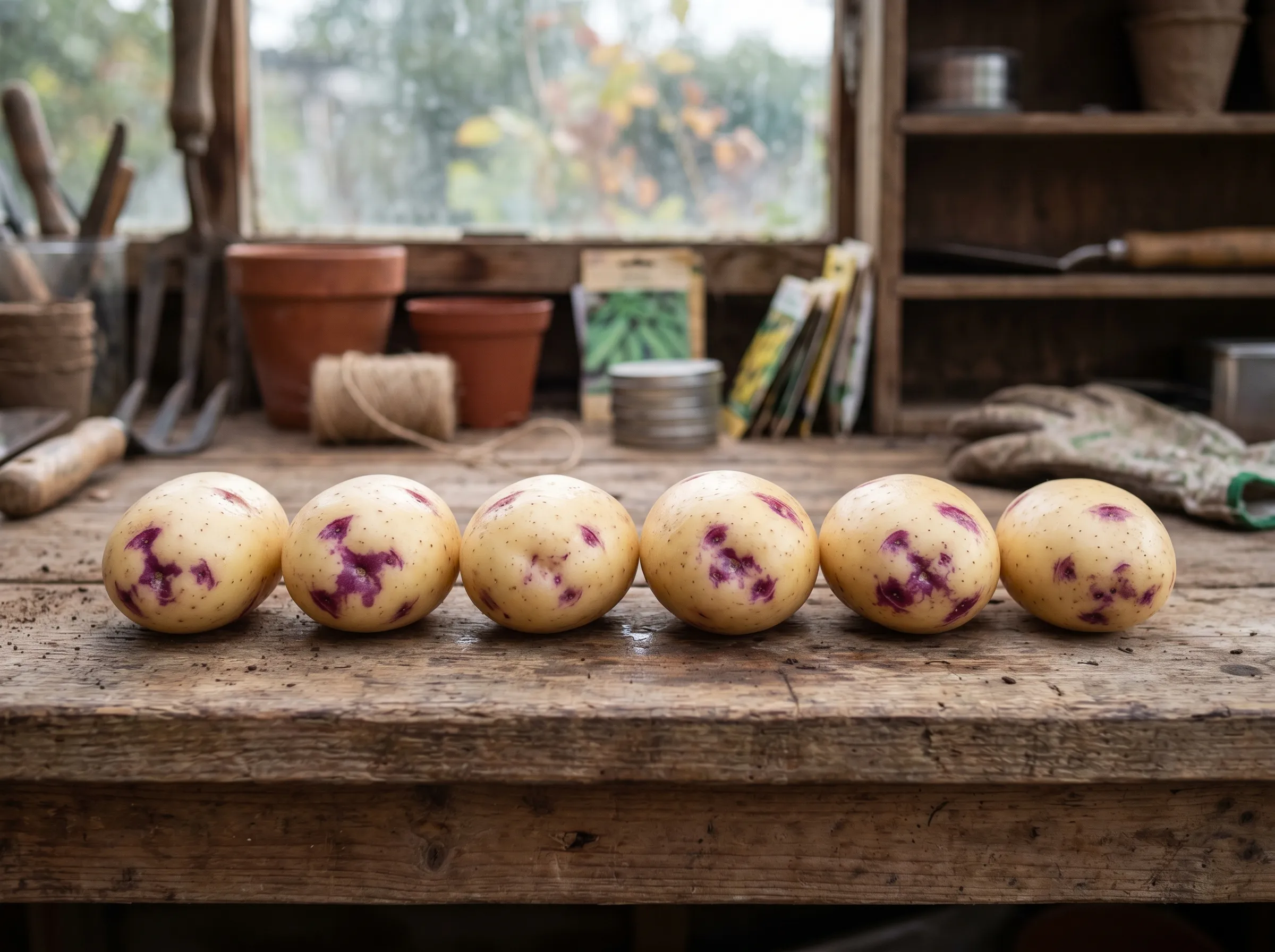 Close-up of six freshly lifted Kestrel show potatoes laid out on a wooden bench in a UK allotment shed, the cream skin and bright purple eyes visible, soil brushed off, all the same oval shape and size