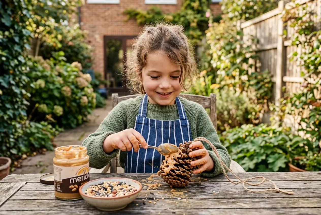 Wildlife activities kids making bird feeder from pine cone and peanut butter at garden table