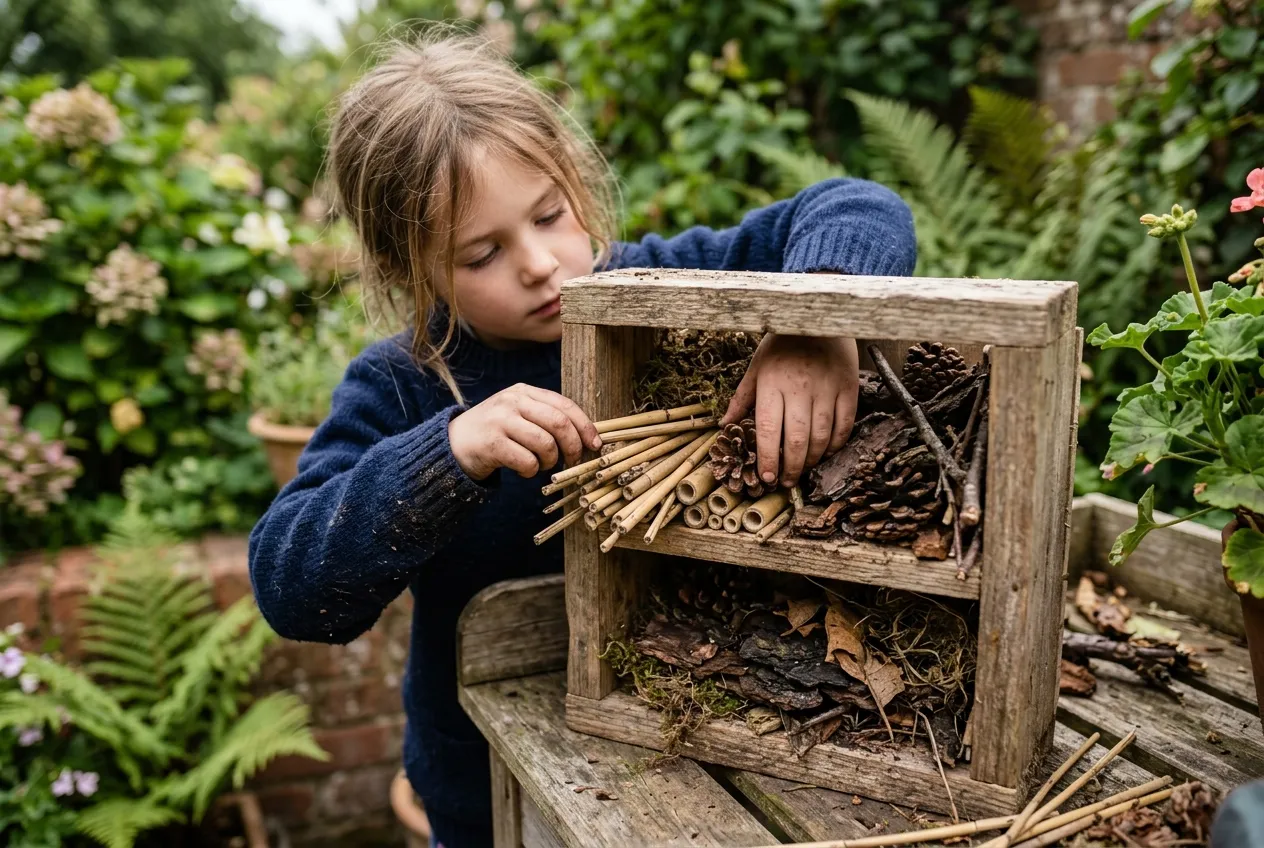 Wildlife activities kids building a bug hotel from bamboo and pine cones in UK garden