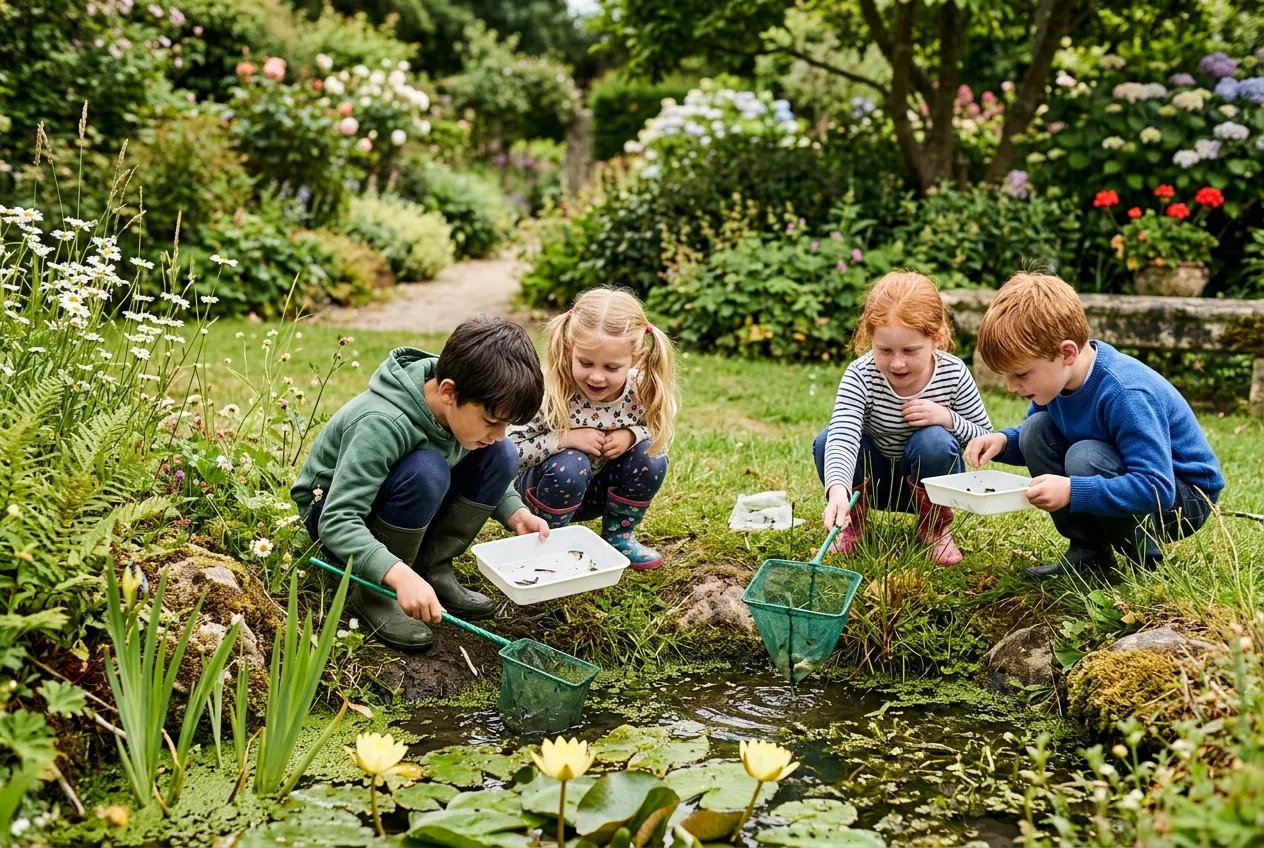 Wildlife activities kids pond dipping with nets at small garden wildlife pond