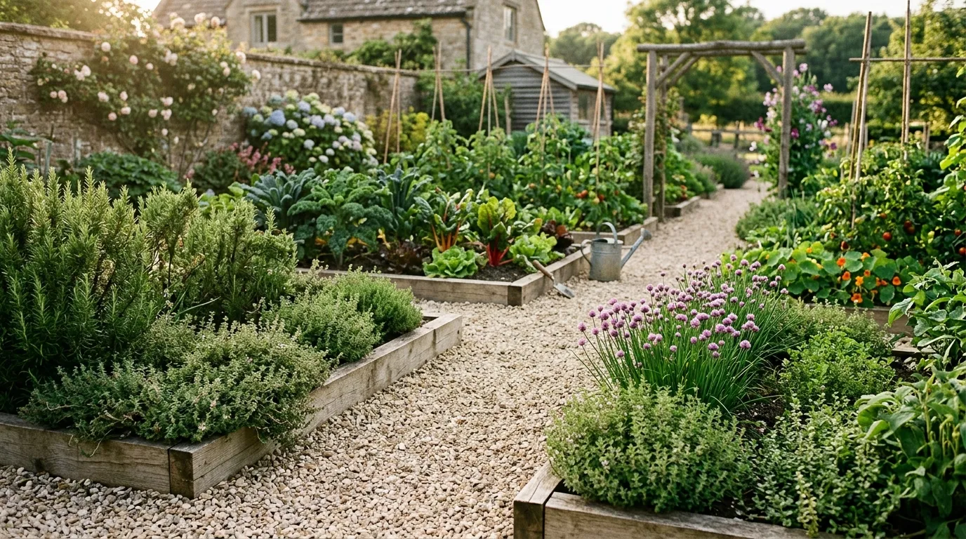 Kitchen garden with gravel paths between beds and herb borders in the UK