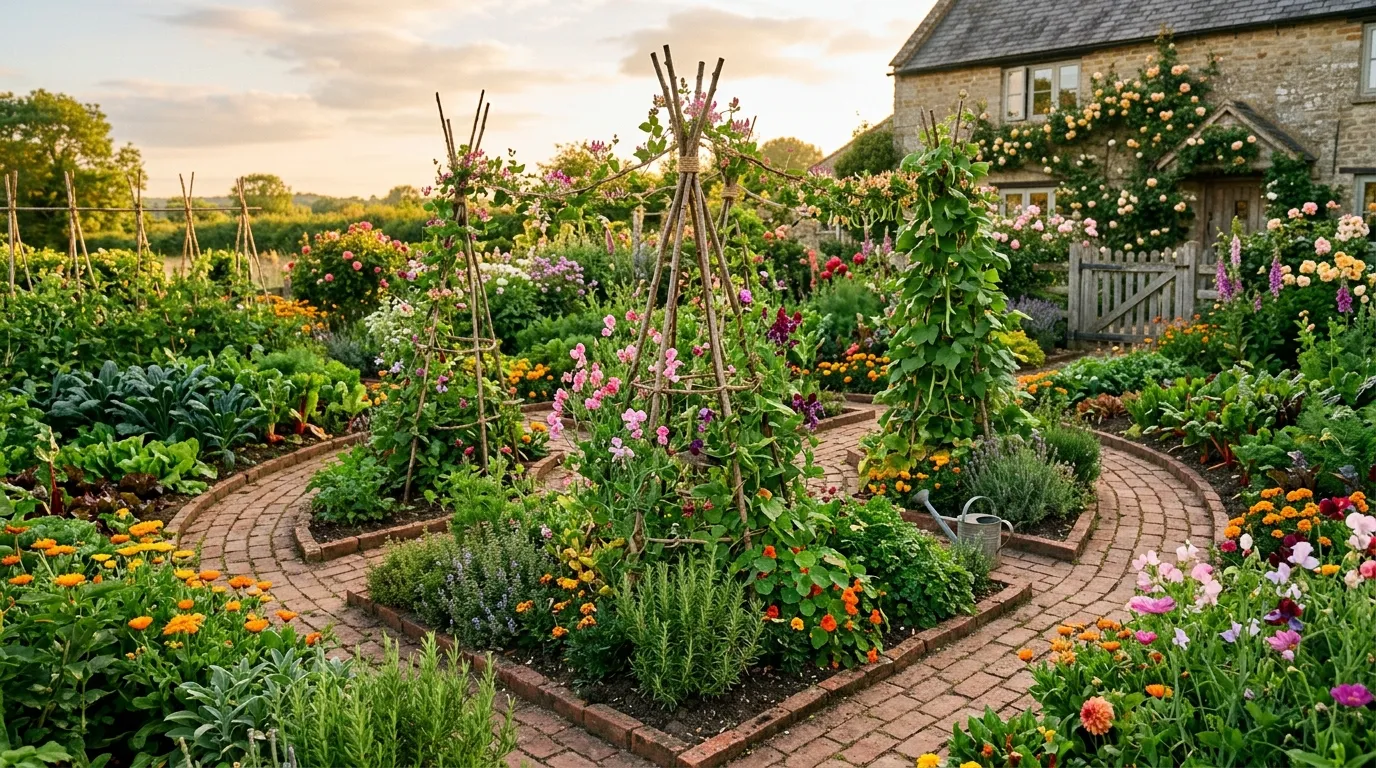A potager-style kitchen garden mixing vegetables flowers and herbs in the UK