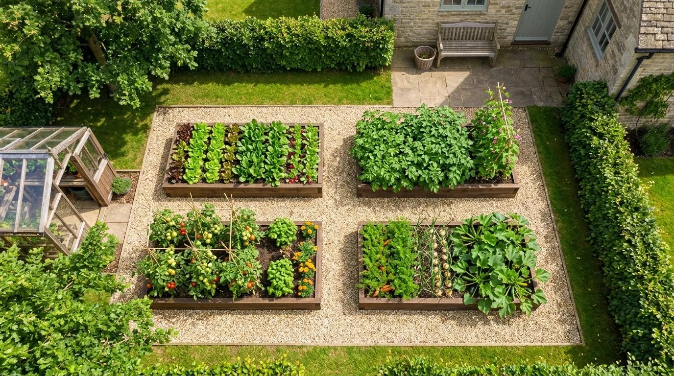 Kitchen garden layout with raised beds and paths in a UK garden