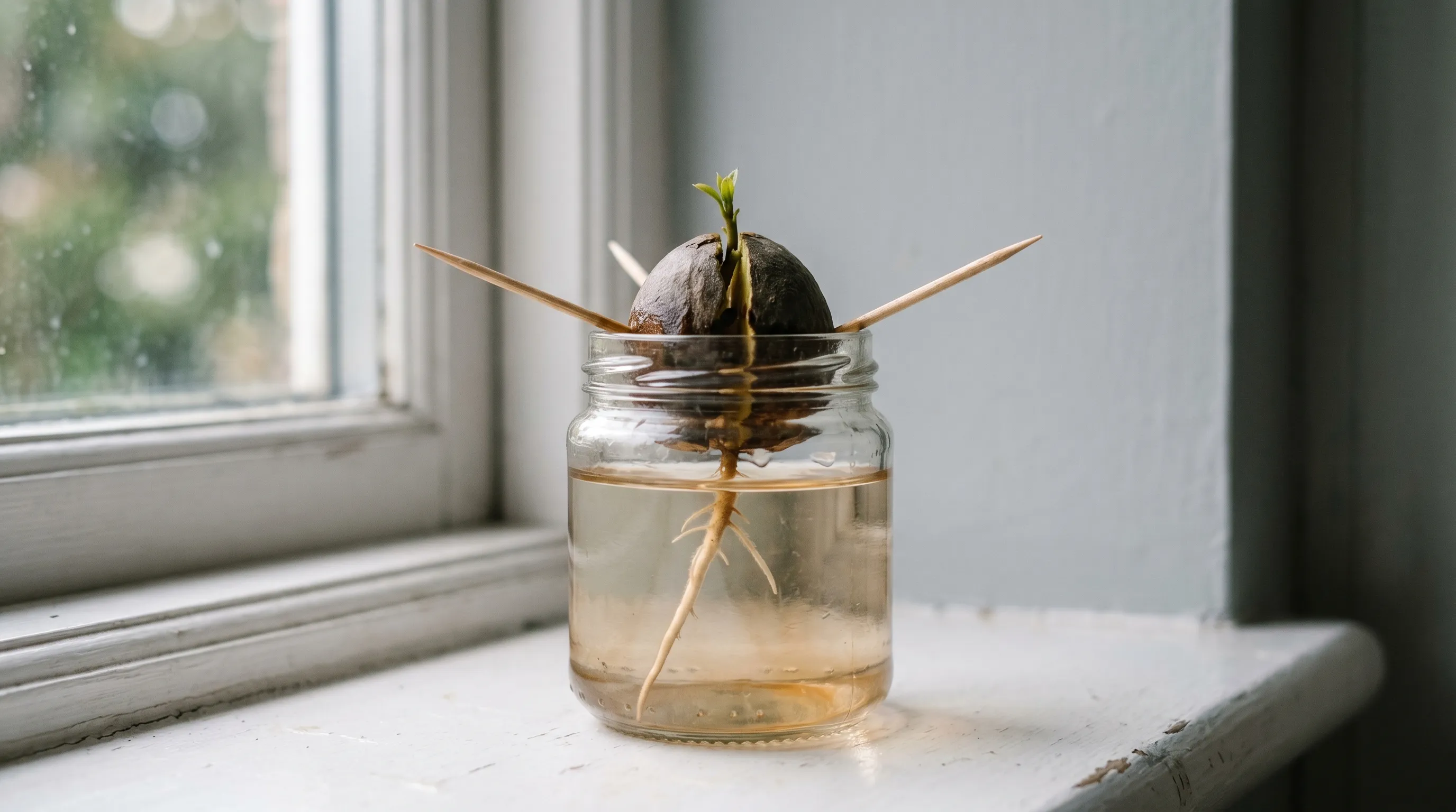 Close-up of an avocado stone suspended in water with toothpicks in a glass jar, showing a pale taproot emerging from the cracked base on a UK kitchen windowsill