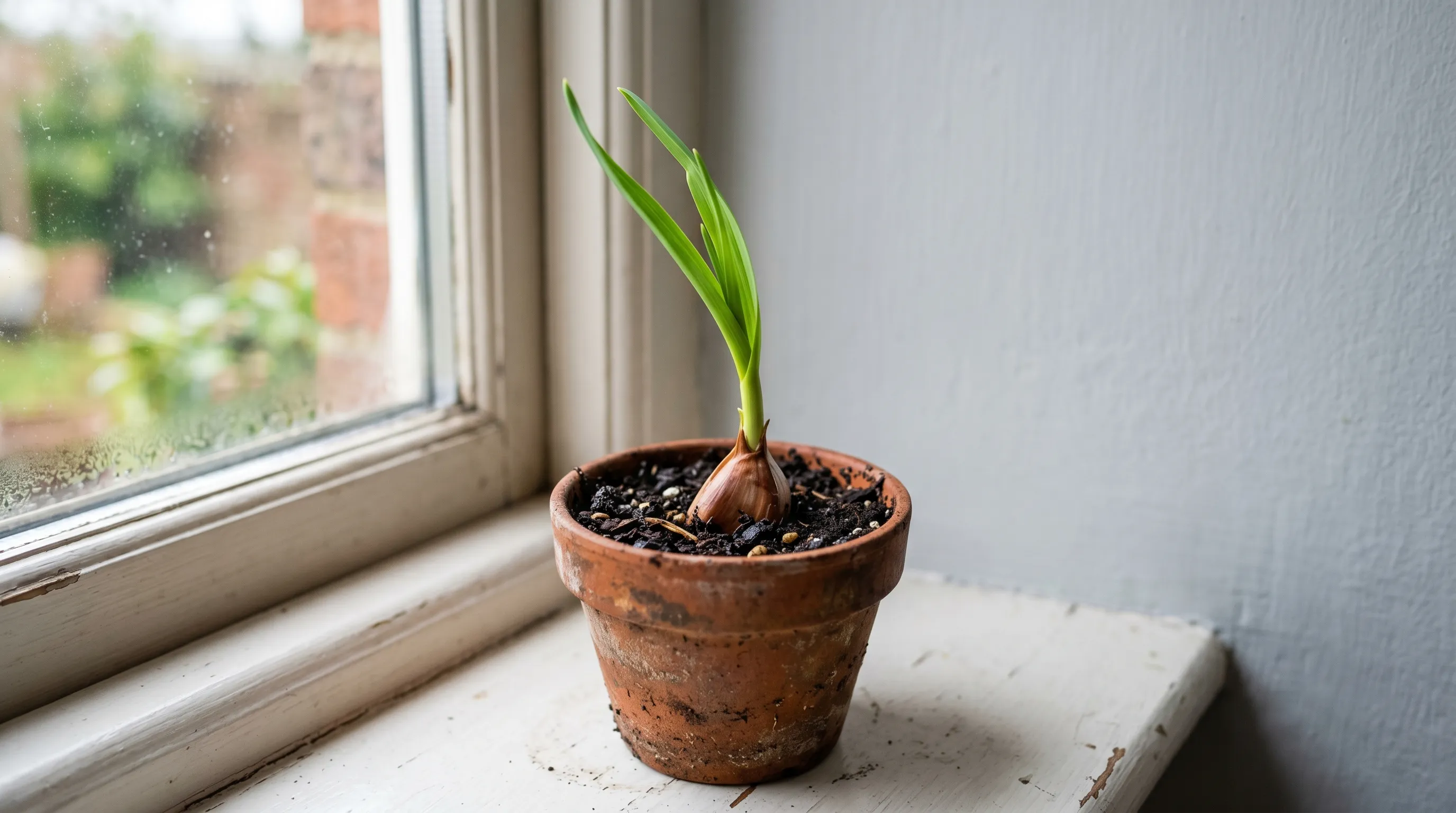 A sprouted garlic clove planted point-up in a small terracotta pot of compost with a 12cm bright green shoot on a UK kitchen windowsill