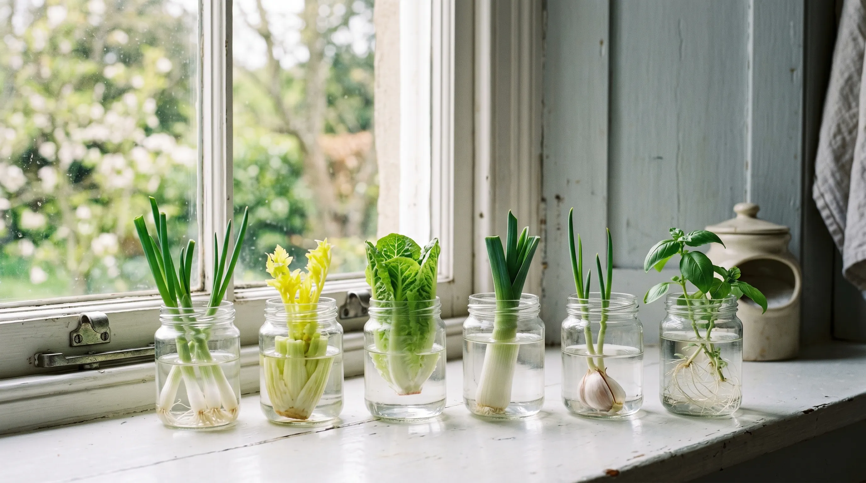 Six glass jars on a UK kitchen windowsill regrowing spring onion, celery, lettuce, leek, garlic and basil from kitchen scraps in spring morning light