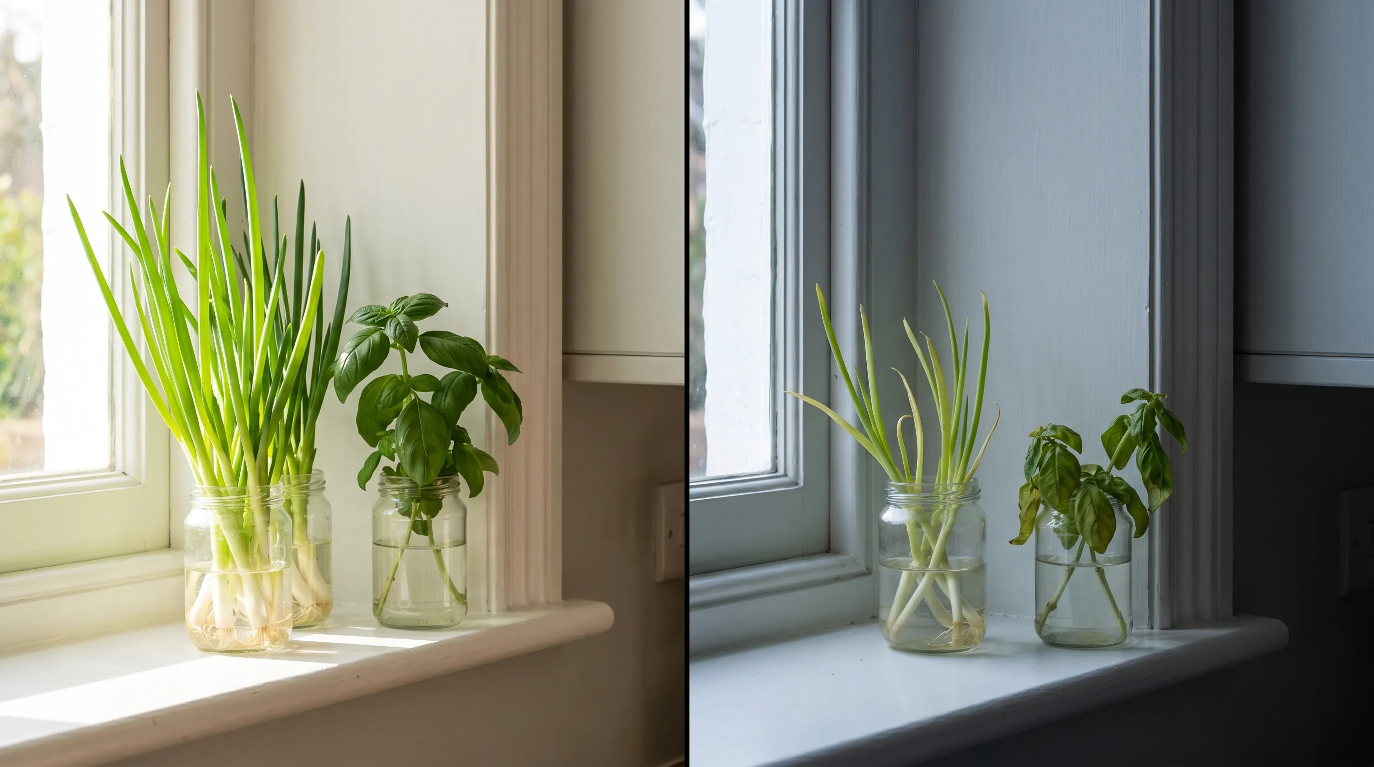 Comparison of a bright south-facing UK kitchen windowsill with thriving spring onion and basil regrowth alongside a darker north-facing sill with paler, limp regrowth