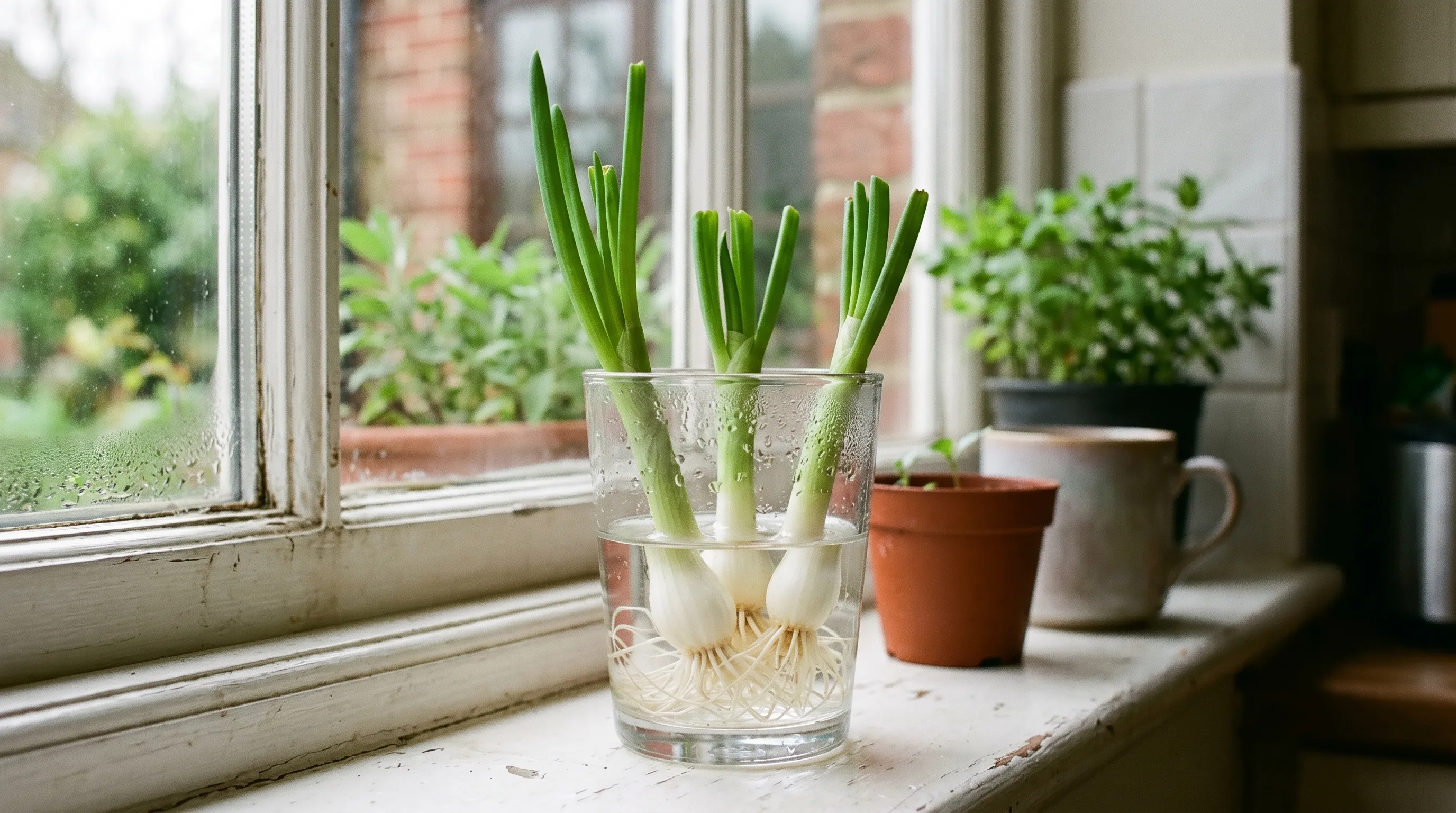 Three spring onion bases regrowing in a single glass of water on a white UK kitchen windowsill with 12cm green tops ready for a second cut