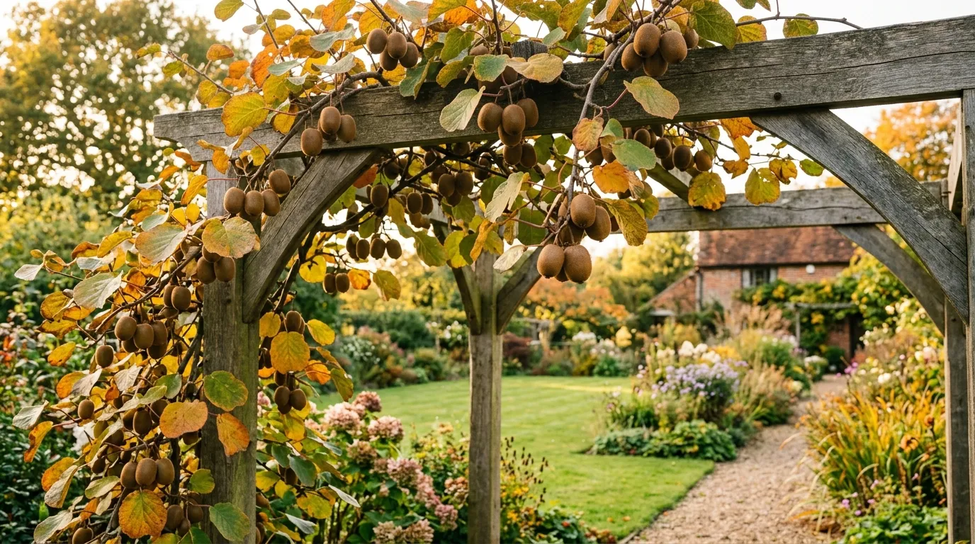 Kiwi fruit vine growing on a wooden pergola in a UK cottage garden with ripe fuzzy brown fruits in autumn