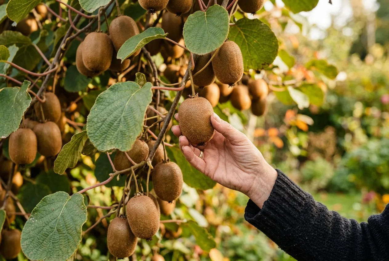 Ripe kiwi fruits being picked from a vine in a UK garden in autumn