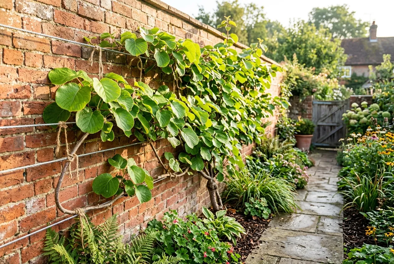 Kiwi vine trained on wires against a south-facing brick wall in a UK garden