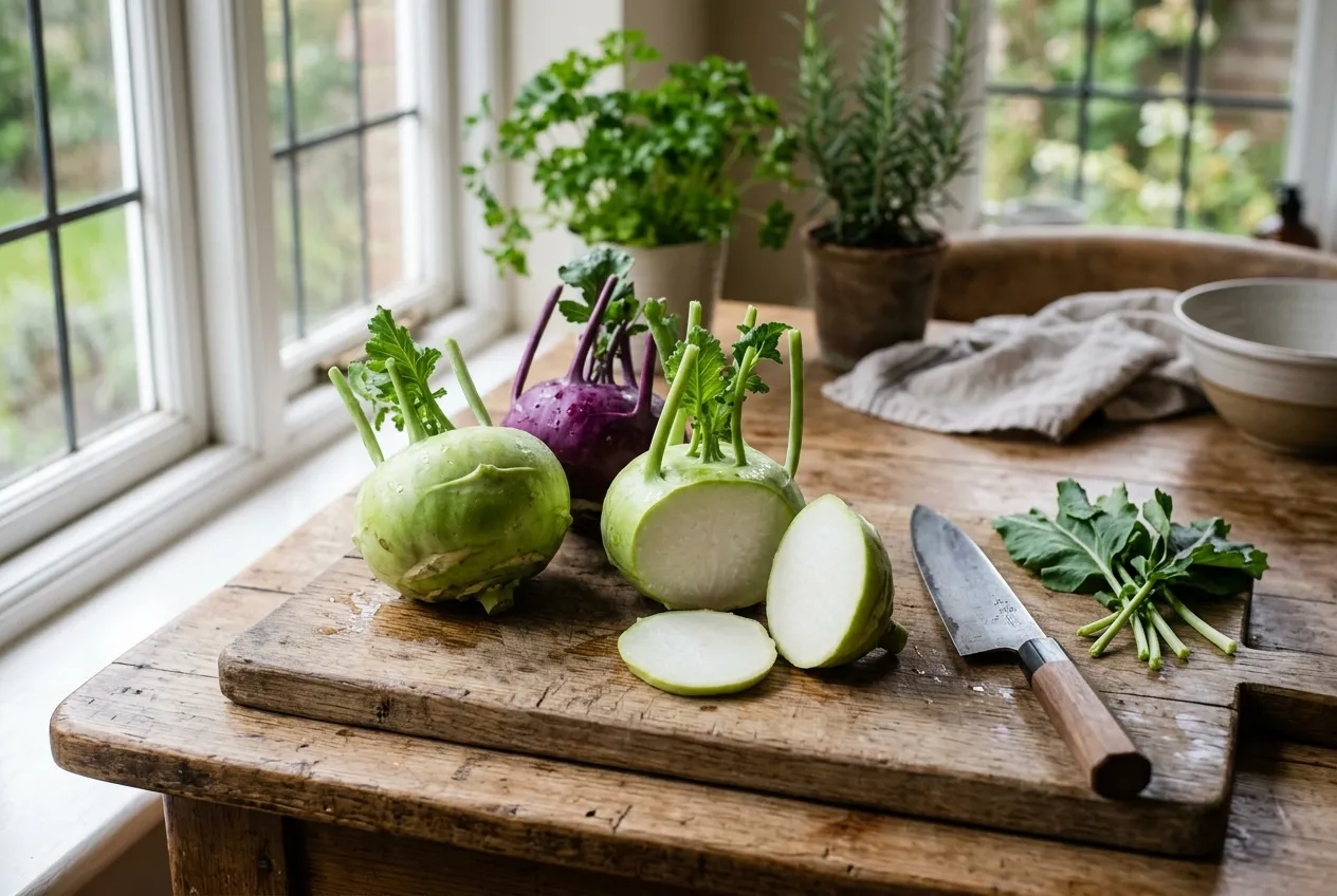 Freshly harvested kohlrabi on a wooden chopping board with green and purple bulbs and a knife