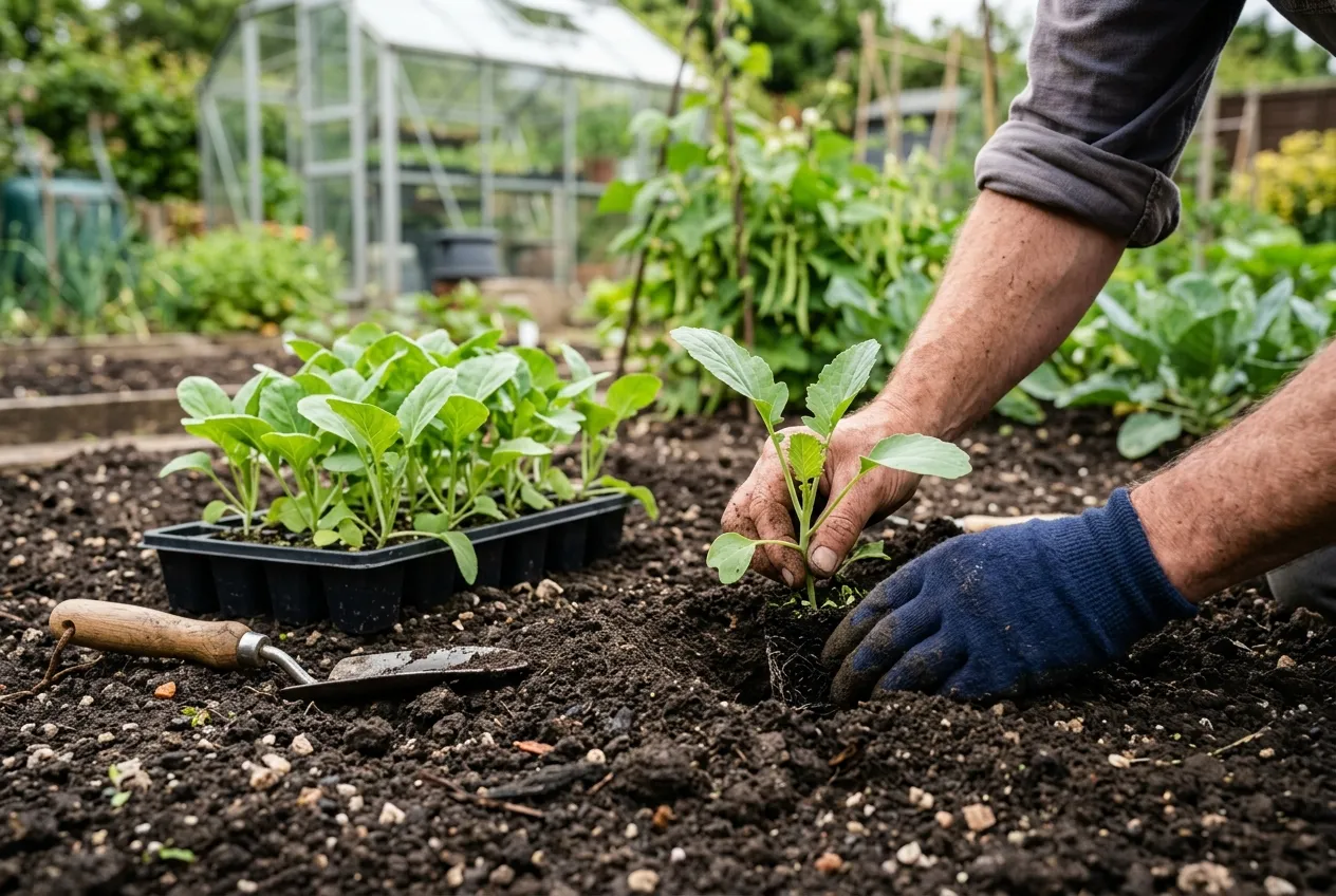 Kohlrabi seedlings being transplanted into prepared soil in a UK vegetable garden with greenhouse in background