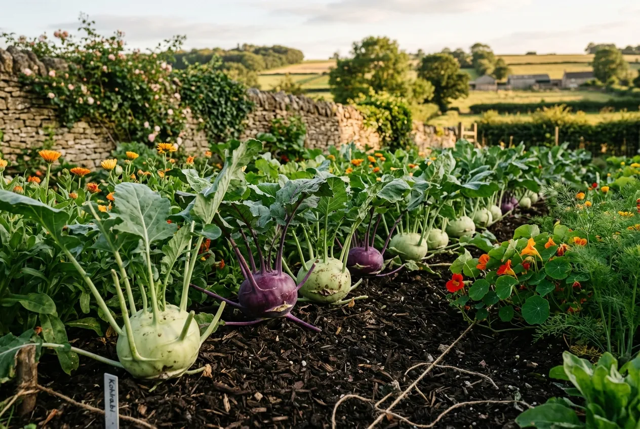 Kohlrabi varieties growing in a rural UK vegetable garden with stone wall and countryside in background