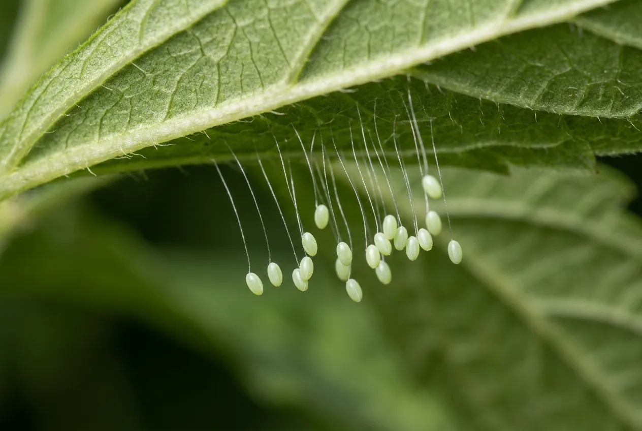 Close-up of lacewing eggs on hair-like stalks under a leaf, used in pest control identification in UK gardens