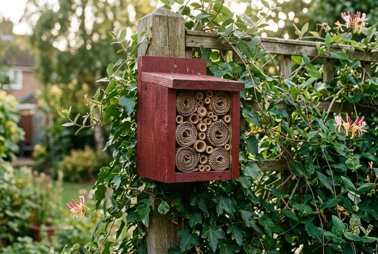 Lacewing hotel with corrugated cardboard rolls attached to a garden fence for pest control in a UK garden