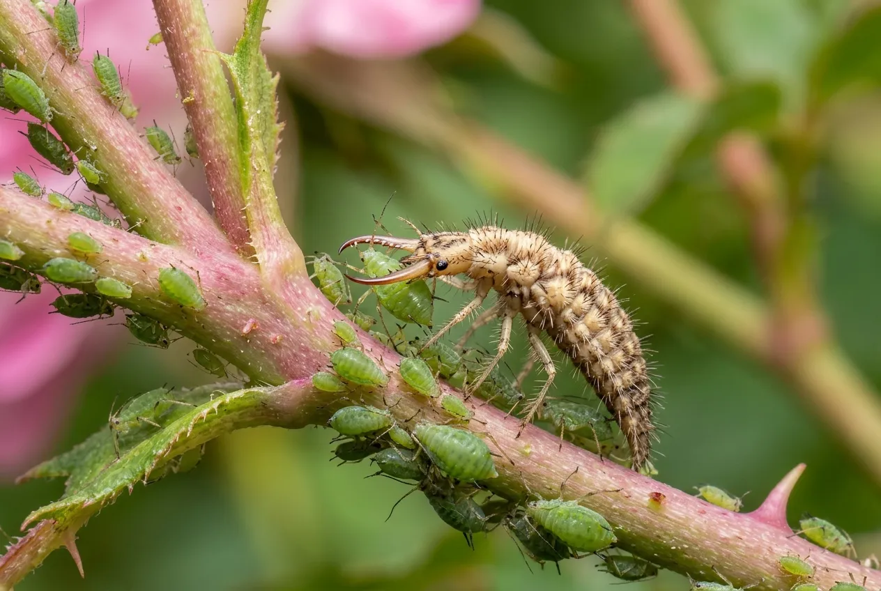 Lacewing larva hunting aphids on a rose stem showing distinctive jaws used for pest control in UK gardens