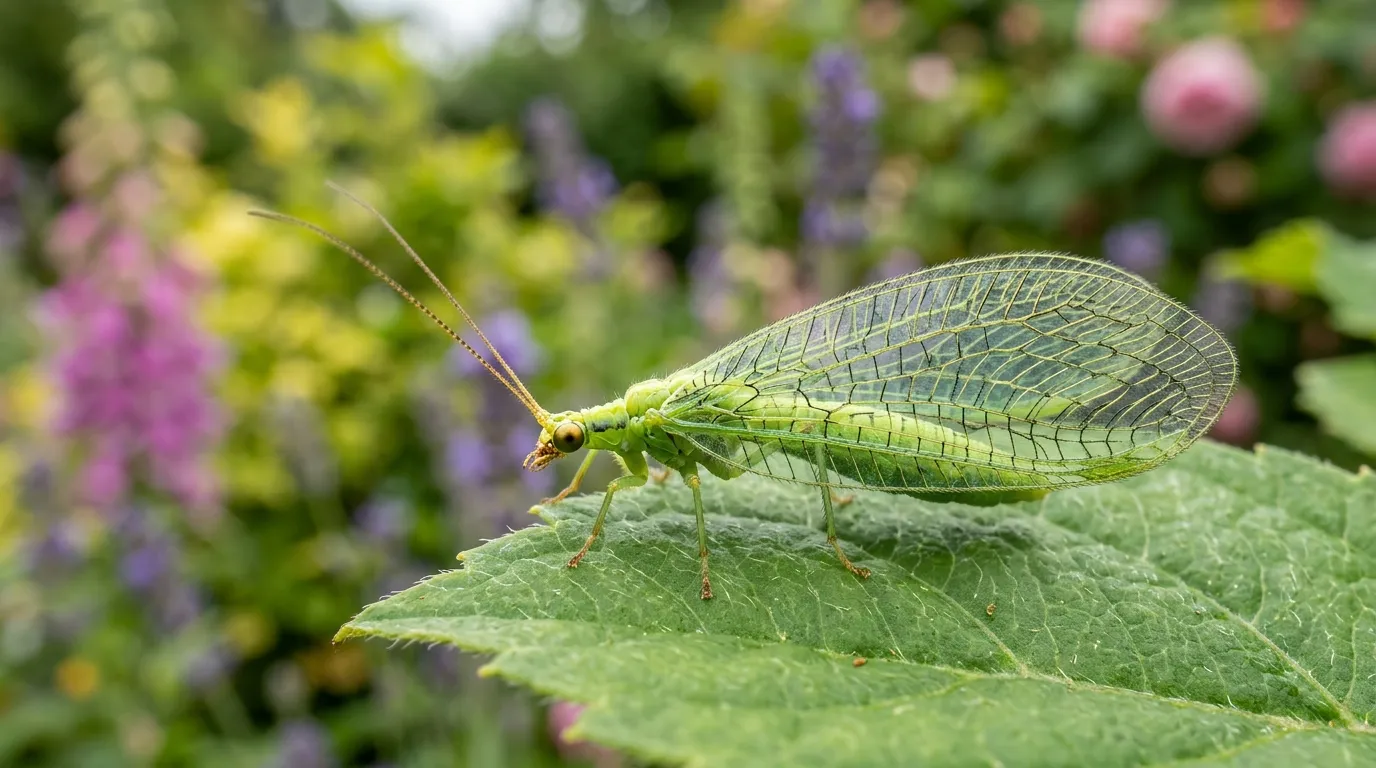 Green lacewing for pest control perched on a leaf showing translucent wing venation in a UK garden