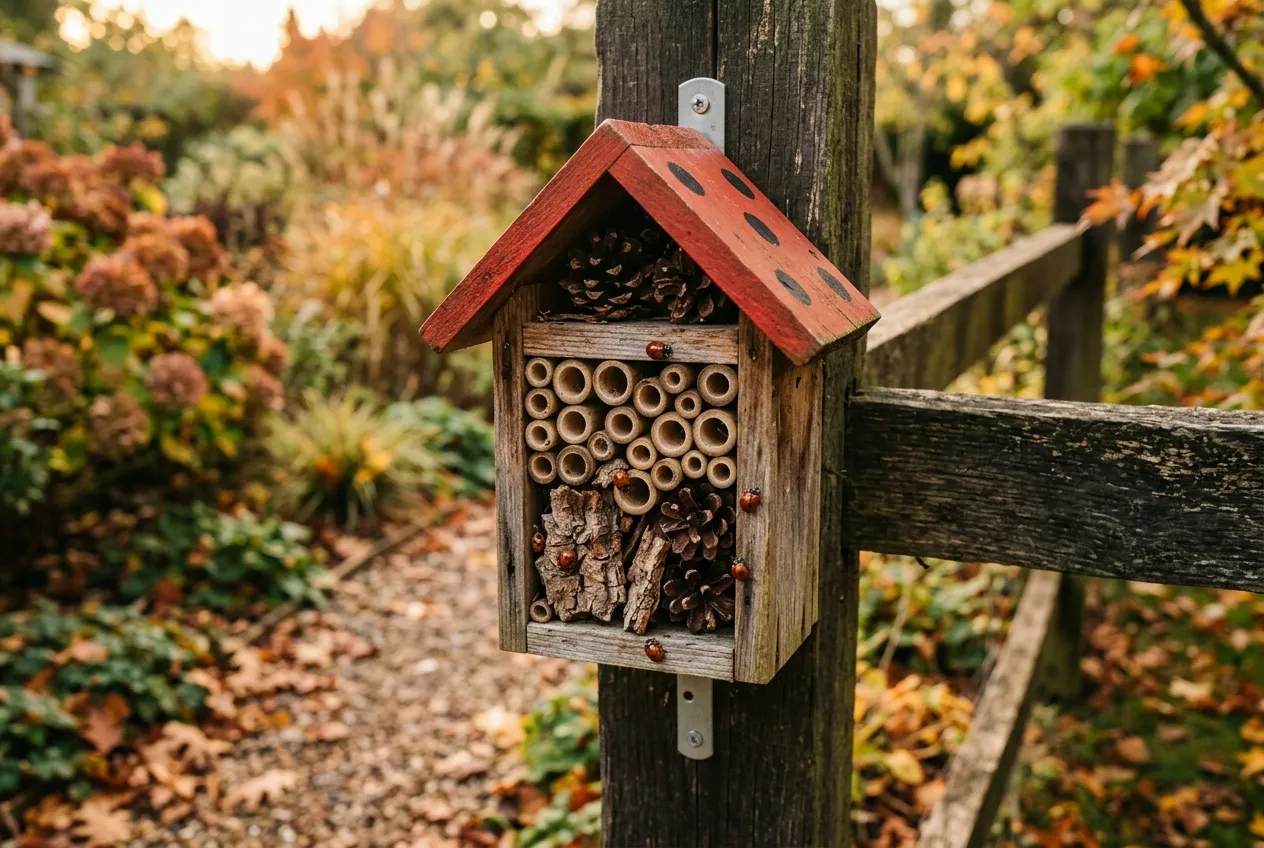 Wooden ladybird house bug hotel with overwintering ladybirds in a UK garden