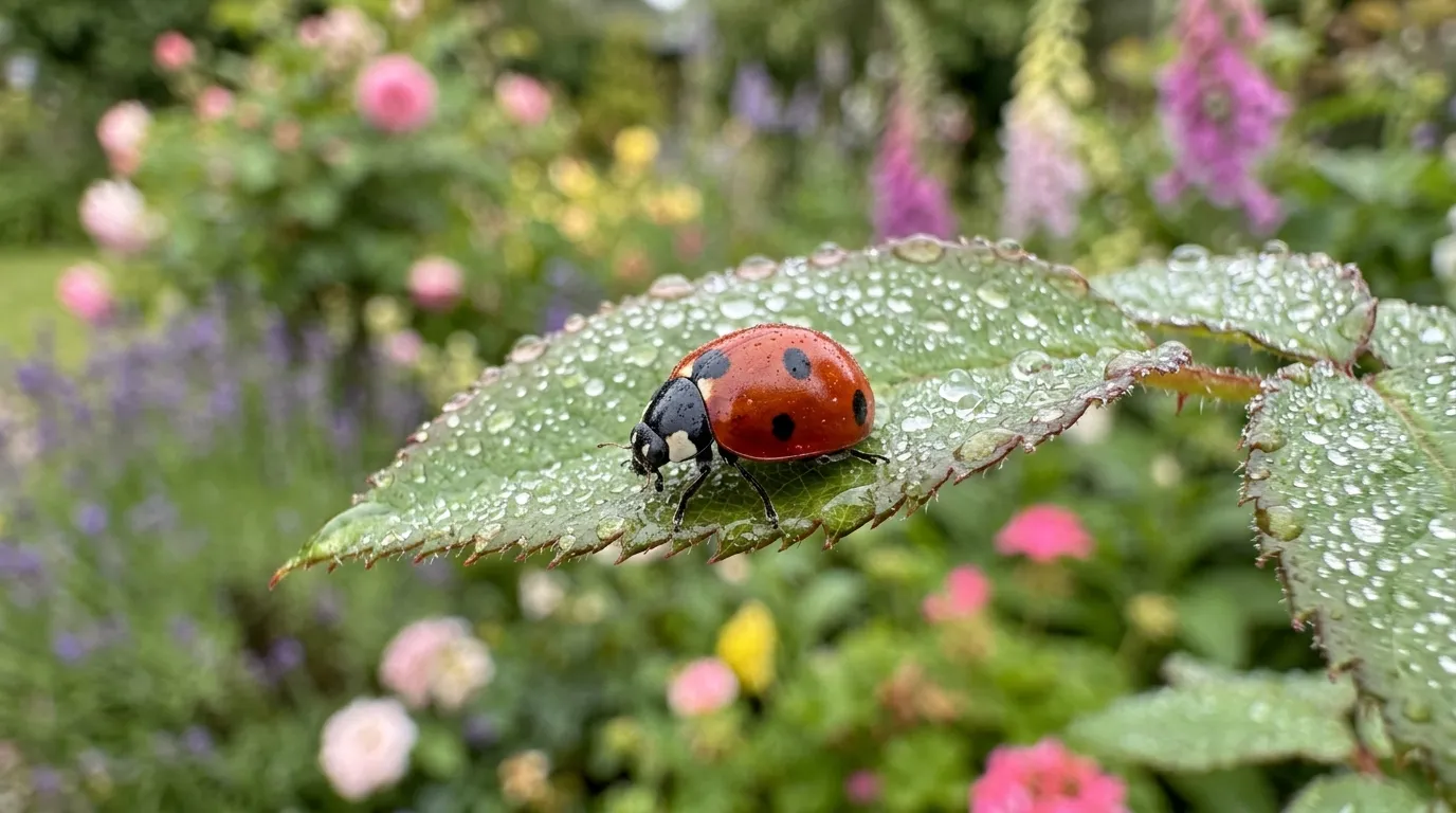 Seven-spot ladybird on a rose leaf in a UK garden with morning dew drops