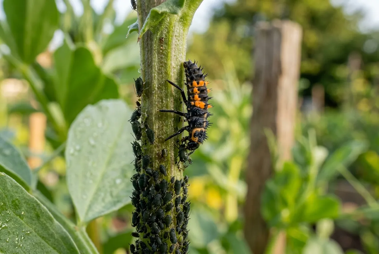 Ladybird larva eating aphids on a bean stem in a UK garden allotment